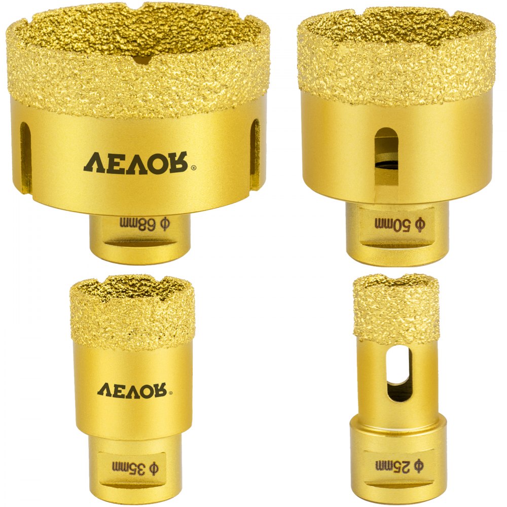 VEVOR Juego de Brocas para Baldosas 4 pcs Diámetro 25/35/50/68 mm Brocas de Diamante Longitud de 60 mm Altura del Segmento 15 mm Juego de Brocas para Perforar Cerámica, Mármol, Mampostería, Granito