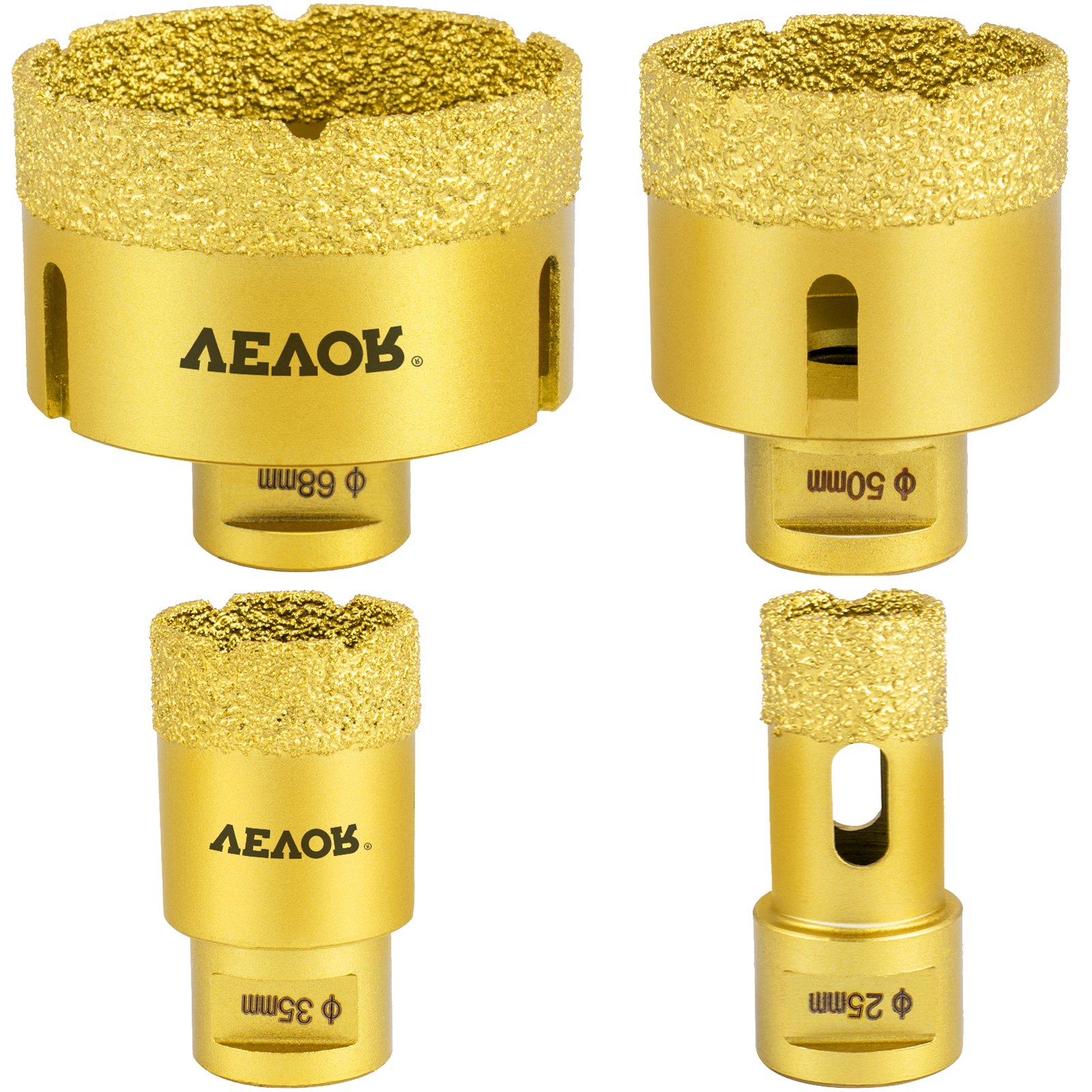 VEVOR Juego de Brocas para Baldosas 4 pcs Diámetro 25/35/50/68 mm Brocas de Diamante Longitud de 60 mm Altura del Segmento 15 mm Juego de Brocas para Perforar Cerámica, Mármol, Mampostería, Granito