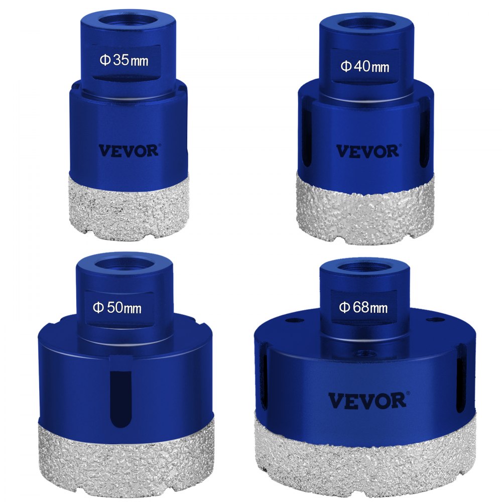 VEVOR Juego de Brocas para Baldosas 4 pcs Diámetro 35/40/50/68 mm Brocas de Diamante Longitud de 60 mm Altura del Segmento 15 mm Juego de Brocas para Perforar Cerámica, Mármol, Mampostería, Granito