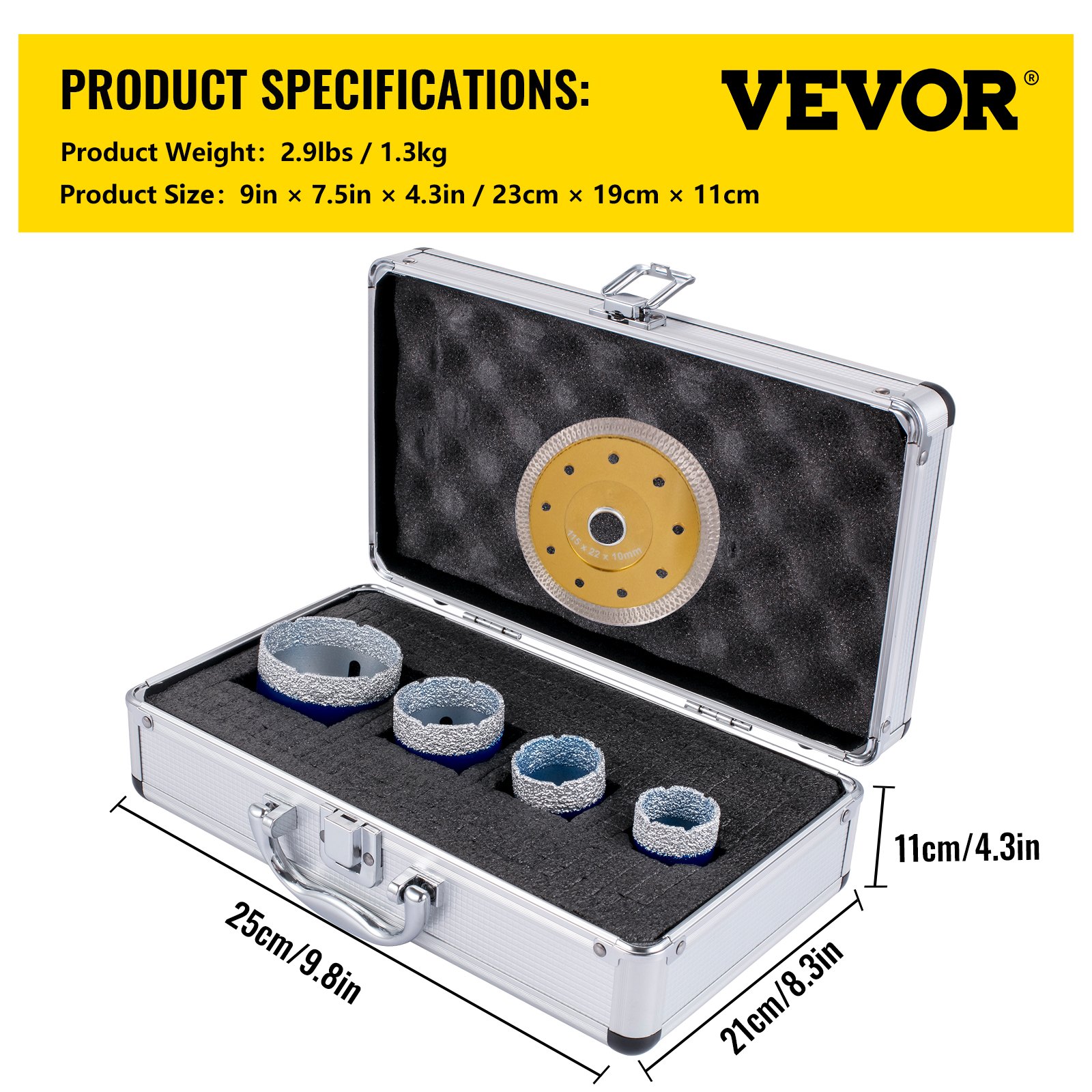 VEVOR Juego de Brocas para Baldosas 4 pcs Diámetro 35/40/50/68 mm Brocas de Diamante Longitud de 60 mm Altura del Segmento 15 mm Juego de Brocas para Perforar Cerámica, Mármol, Mampostería, Granito