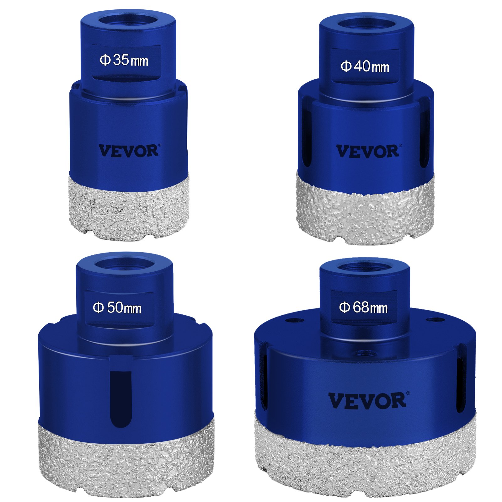 VEVOR Juego de Brocas para Baldosas 4 pcs Diámetro 35/40/50/68 mm Brocas de Diamante Longitud de 60 mm Altura del Segmento 15 mm Juego de Brocas para Perforar Cerámica, Mármol, Mampostería, Granito