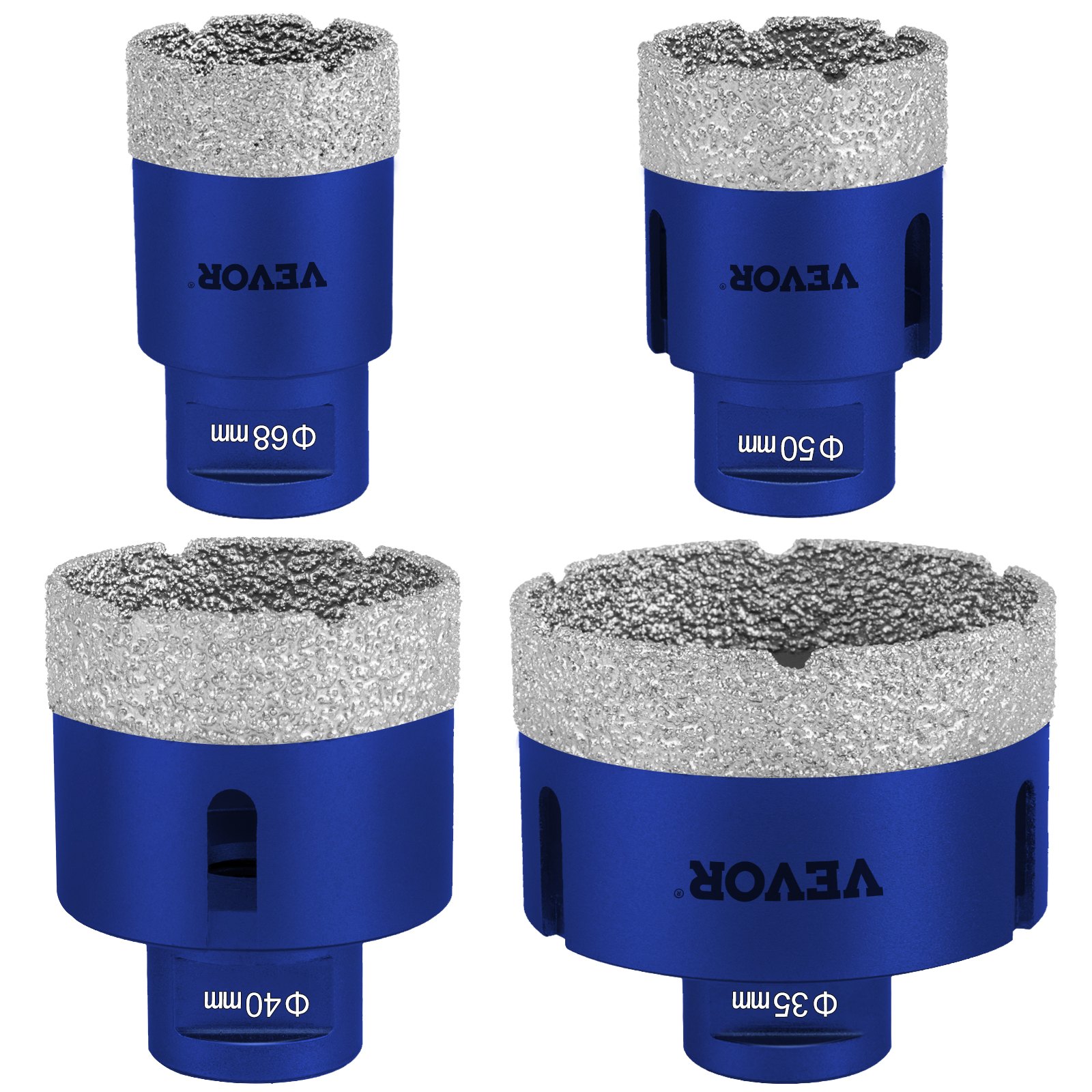 VEVOR Juego de Brocas para Baldosas 4 pcs Diámetro 35/40/50/68 mm Brocas de Diamante Longitud de 60 mm Altura del Segmento 15 mm Juego de Brocas para Perforar Cerámica, Mármol, Mampostería, Granito