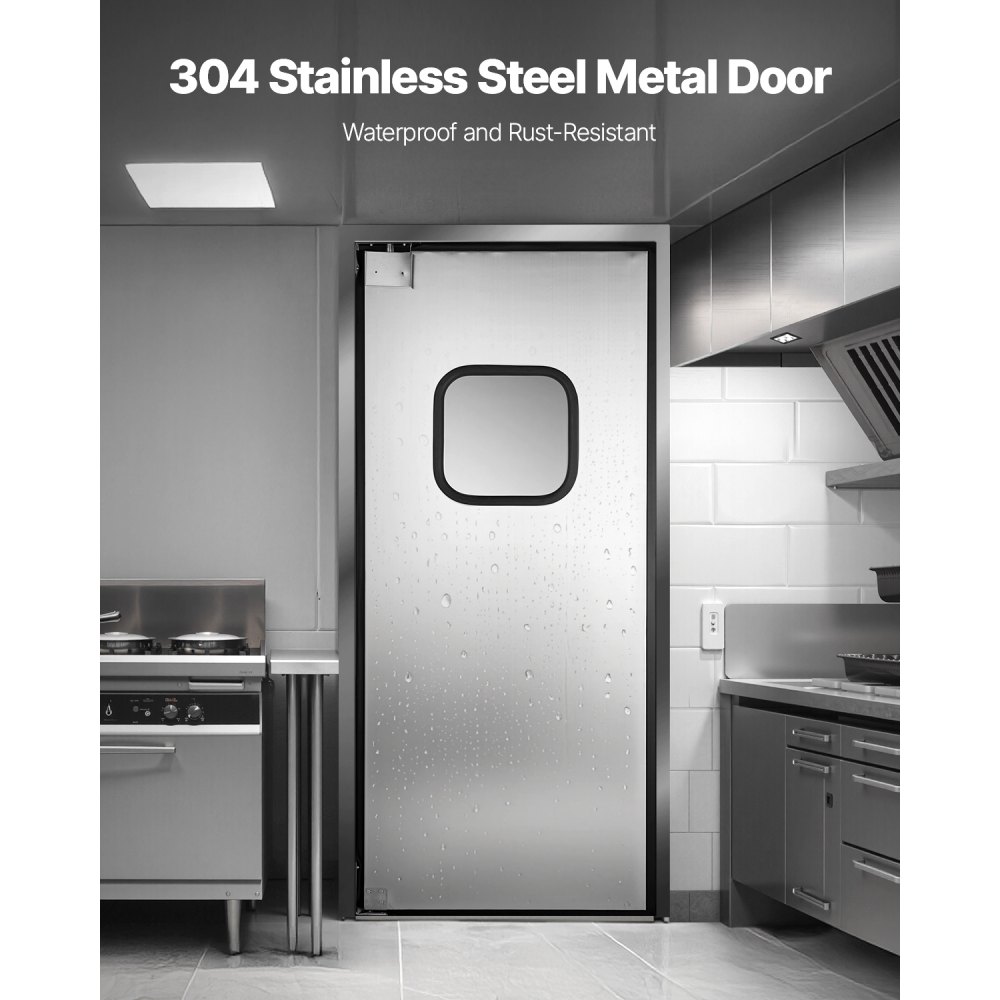 VEVOR Puerta Batiente de Tráfico, Panel Único para Puerta de Acero Inoxidable de 917 x 78 x 2133 mm con Herrajes y Accesorios para Garajes, Cocinas y Cámaras Frigoríficas Comerciales, Plata