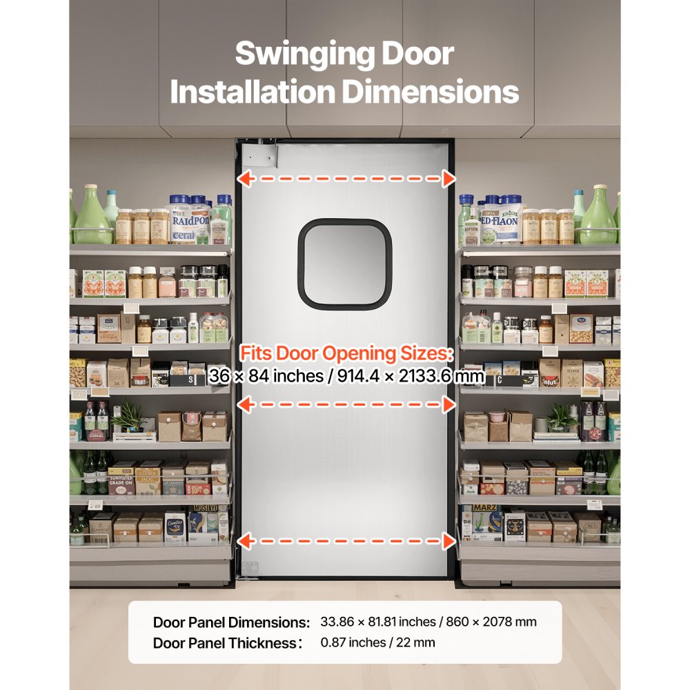 VEVOR Puerta Batiente de Tráfico, Panel Único para Puerta de Acero Inoxidable de 917 x 78 x 2133 mm con Herrajes y Accesorios para Garajes, Cocinas y Cámaras Frigoríficas Comerciales, Plata