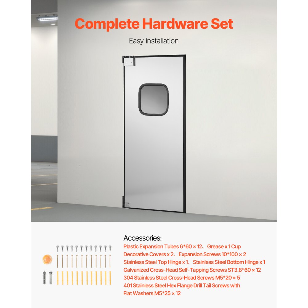 VEVOR Puerta Batiente de Tráfico, Panel Único para Puerta de Acero Inoxidable de 917 x 78 x 2133 mm con Herrajes y Accesorios para Garajes, Cocinas y Cámaras Frigoríficas Comerciales, Plata