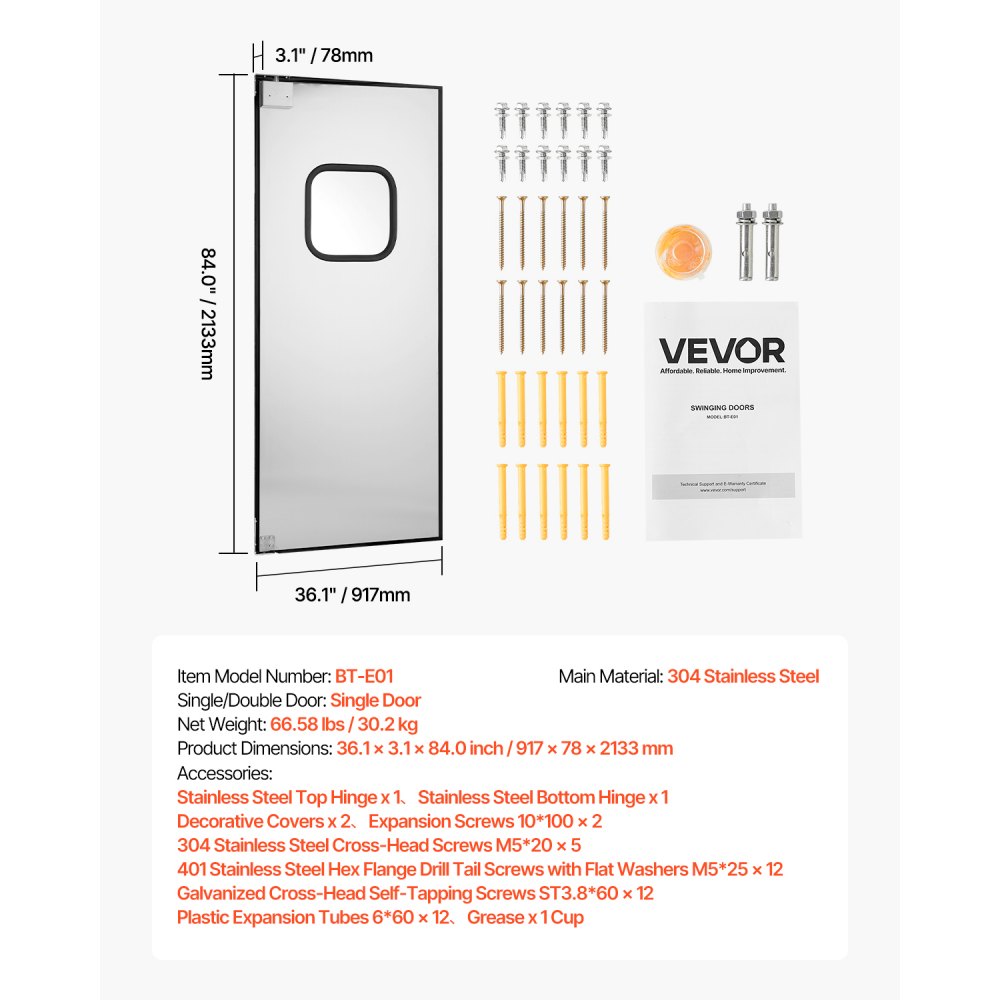 VEVOR Puerta Batiente de Tráfico, Panel Único para Puerta de Acero Inoxidable de 917 x 78 x 2133 mm con Herrajes y Accesorios para Garajes, Cocinas y Cámaras Frigoríficas Comerciales, Plata