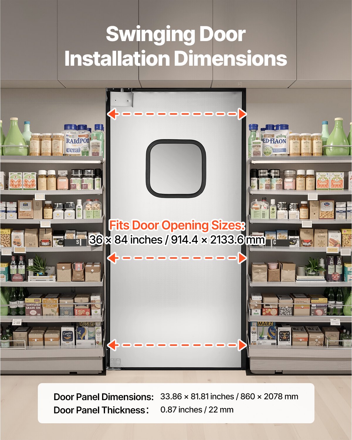 VEVOR Puerta Batiente de Tráfico, Panel Único para Puerta de Acero Inoxidable de 917 x 78 x 2133 mm con Herrajes y Accesorios para Garajes, Cocinas y Cámaras Frigoríficas Comerciales, Plata