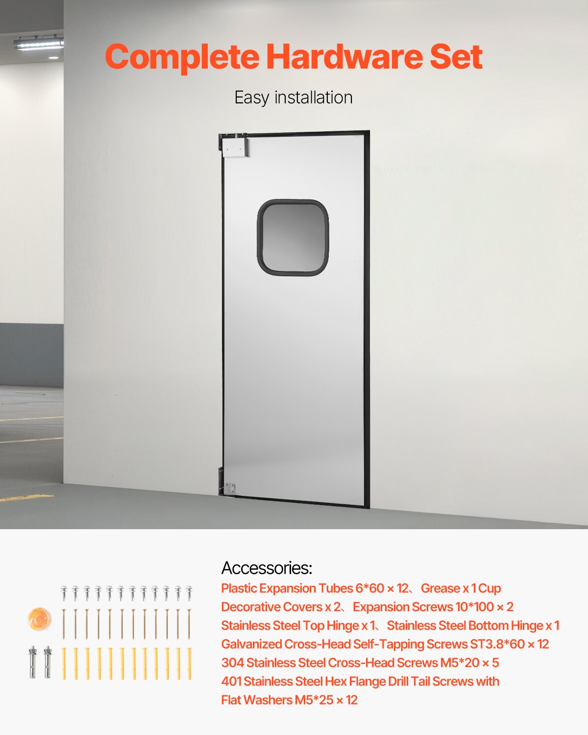 VEVOR Puerta Batiente de Tráfico, Panel Único para Puerta de Acero Inoxidable de 917 x 78 x 2133 mm con Herrajes y Accesorios para Garajes, Cocinas y Cámaras Frigoríficas Comerciales, Plata
