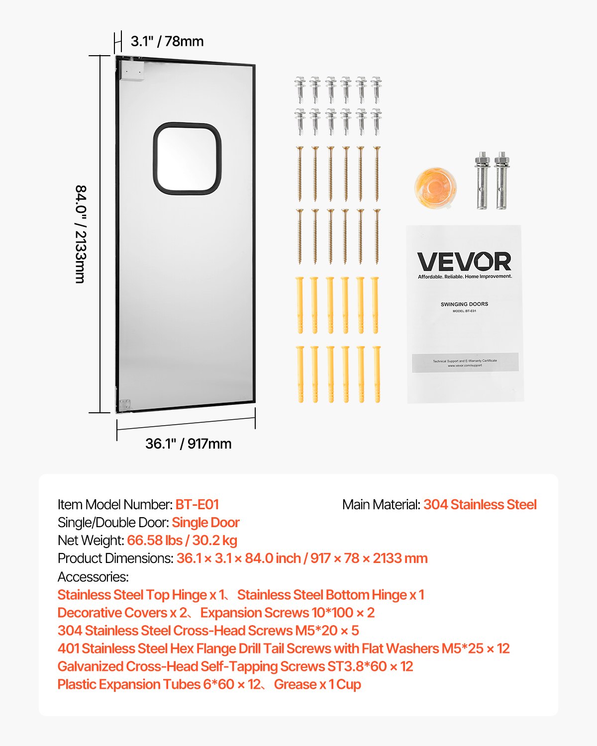 VEVOR Puerta Batiente de Tráfico, Panel Único para Puerta de Acero Inoxidable de 917 x 78 x 2133 mm con Herrajes y Accesorios para Garajes, Cocinas y Cámaras Frigoríficas Comerciales, Plata