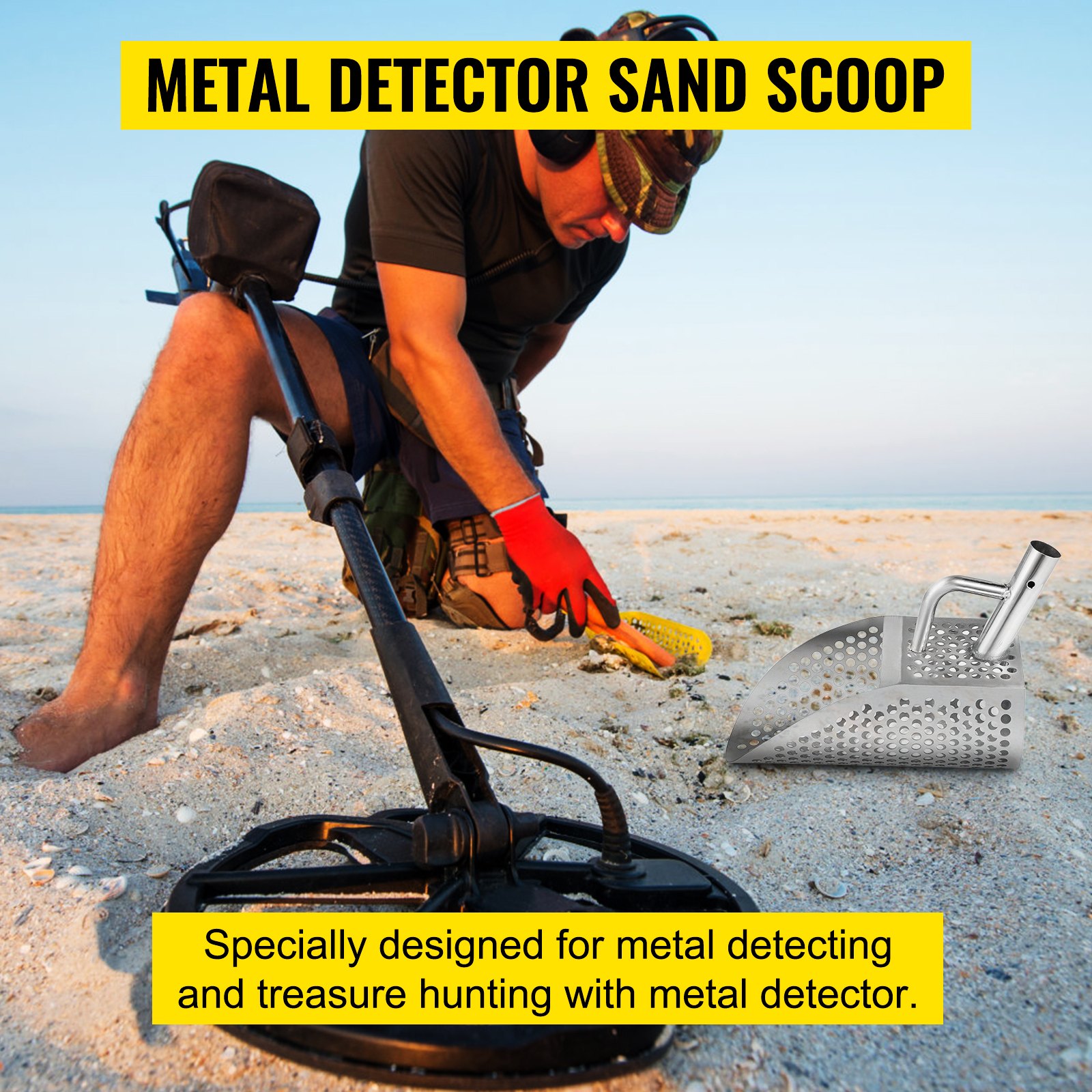VEVOR Pala de Arena para Detección de Metales 13,5 x 30 cm Detector de Metales de Acero Inoxidable Agujero 10 mm Pala para Arena con Detector de Metales para Recoger y Cribar Pequeñas Cosas Valiosas