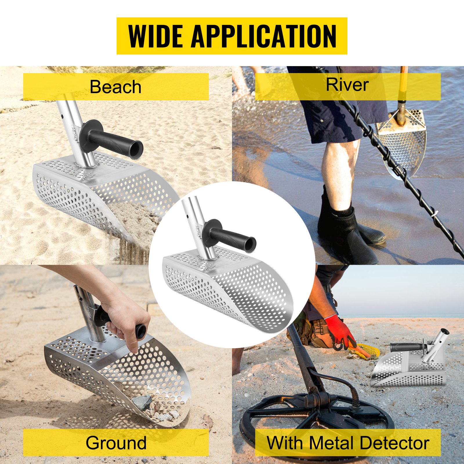 VEVOR Pala de Arena para Detección de Metales 20 x 29 cm Detector de Metales de Acero Inoxidable Agujero 10 mm Pala para Arena con Detector de Metales para Recoger y Cribar Pequeñas Cosas Valiosas