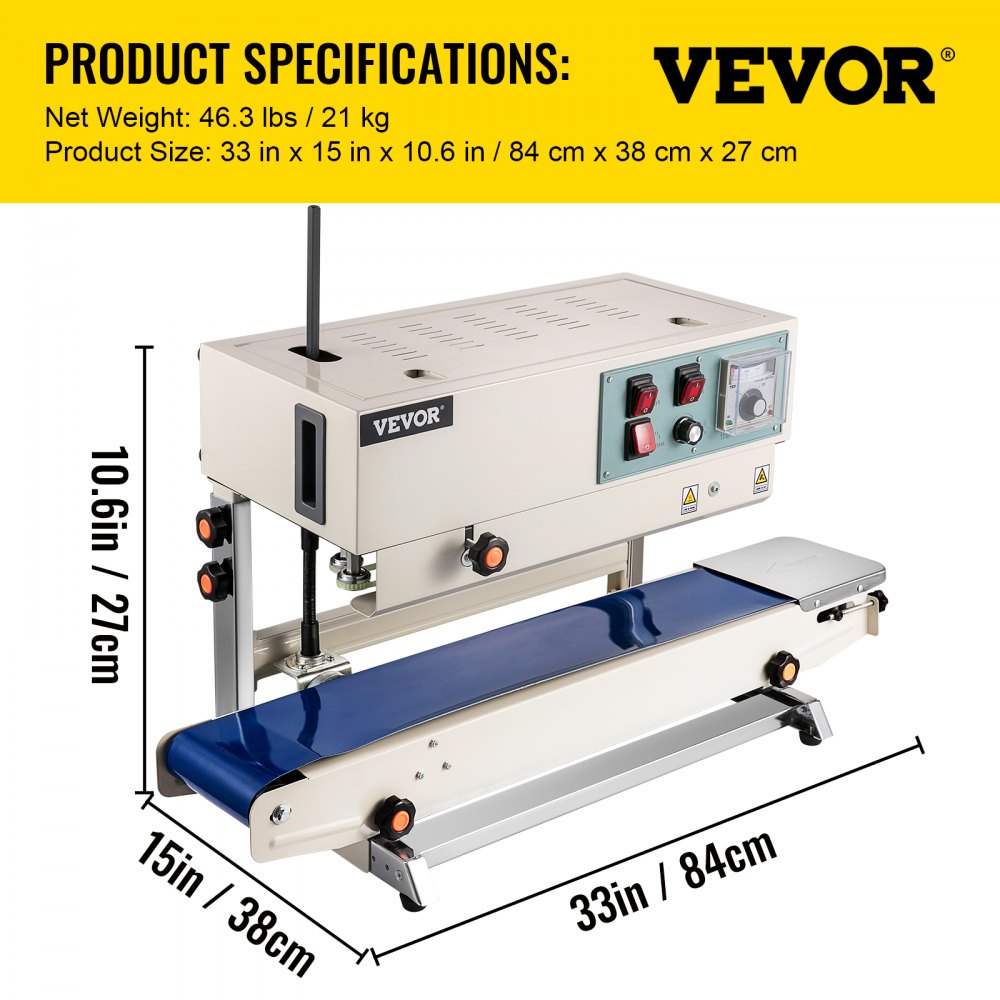 VEVOR Sellador de Banda Continua 6-15 mm del Ancho del Sello Máquina de Sellado Continuo 0-24 m / min Sellador Sutomático de Bandas 21 kg para Muchos Materiales de Película, como PP, PE, PV, OPP, PS