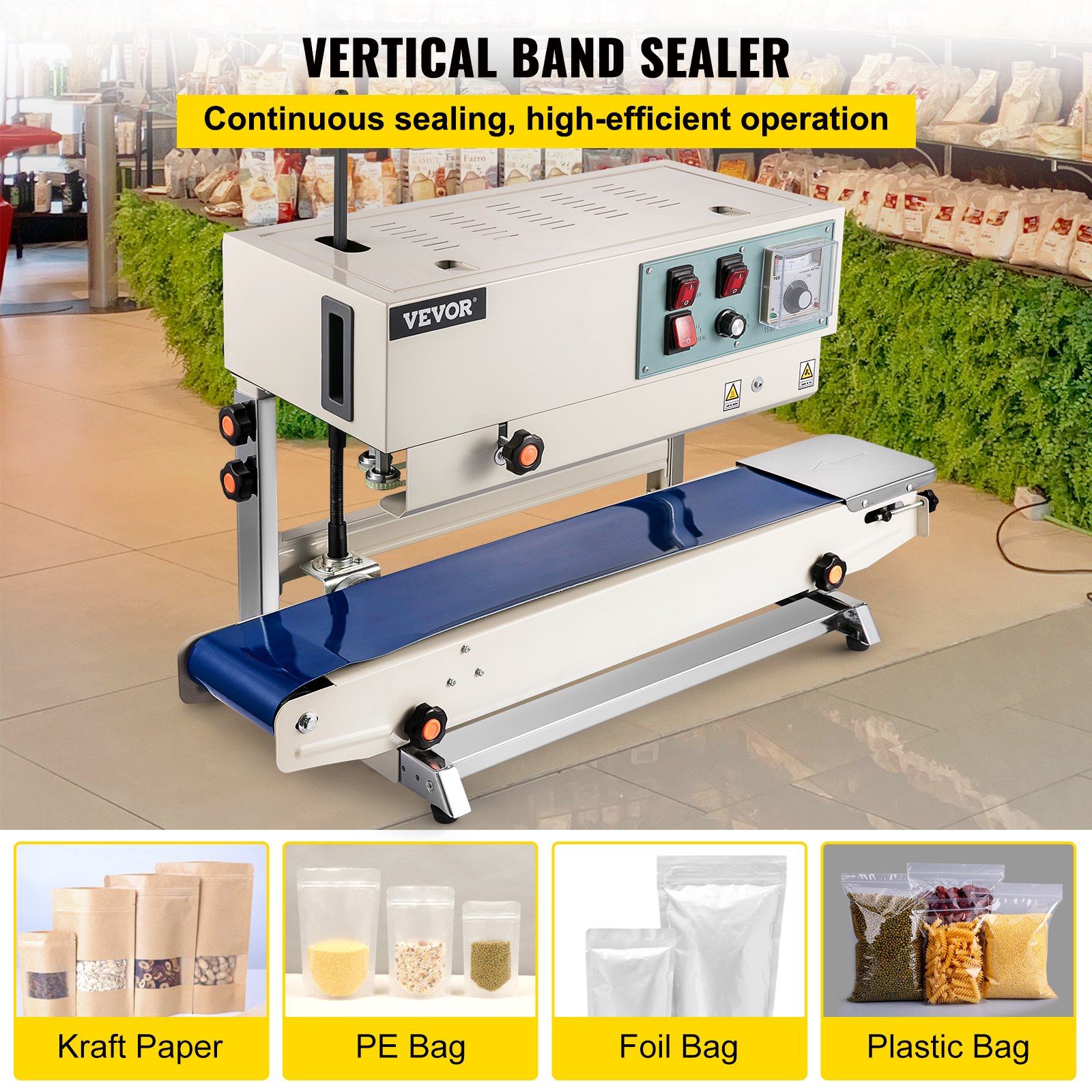 VEVOR Sellador de Banda Continua 6-15 mm del Ancho del Sello Máquina de Sellado Continuo 0-24 m / min Sellador Sutomático de Bandas 21 kg para Muchos Materiales de Película, como PP, PE, PV, OPP, PS