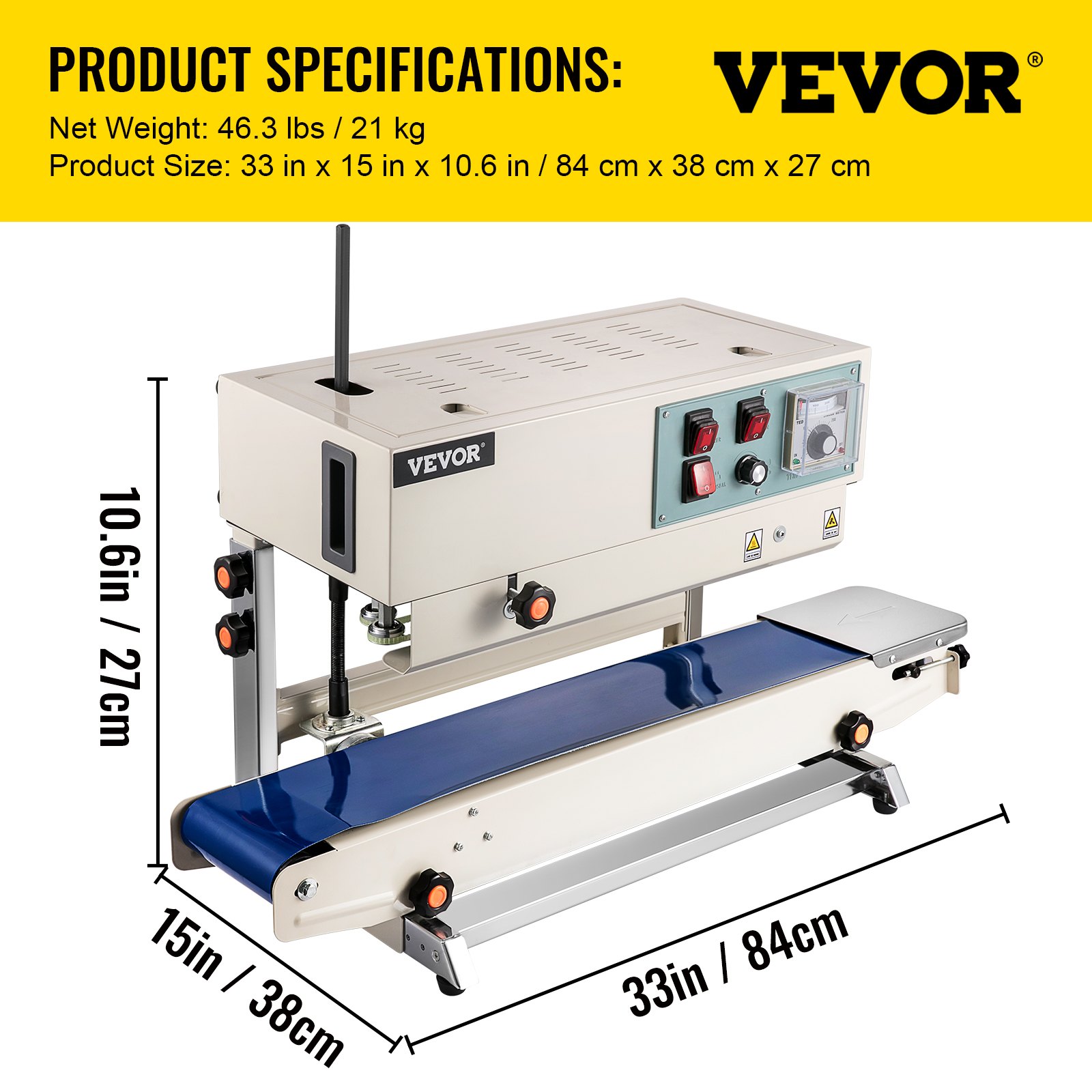 VEVOR Sellador de Banda Continua 6-15 mm del Ancho del Sello Máquina de Sellado Continuo 0-24 m / min Sellador Sutomático de Bandas 21 kg para Muchos Materiales de Película, como PP, PE, PV, OPP, PS