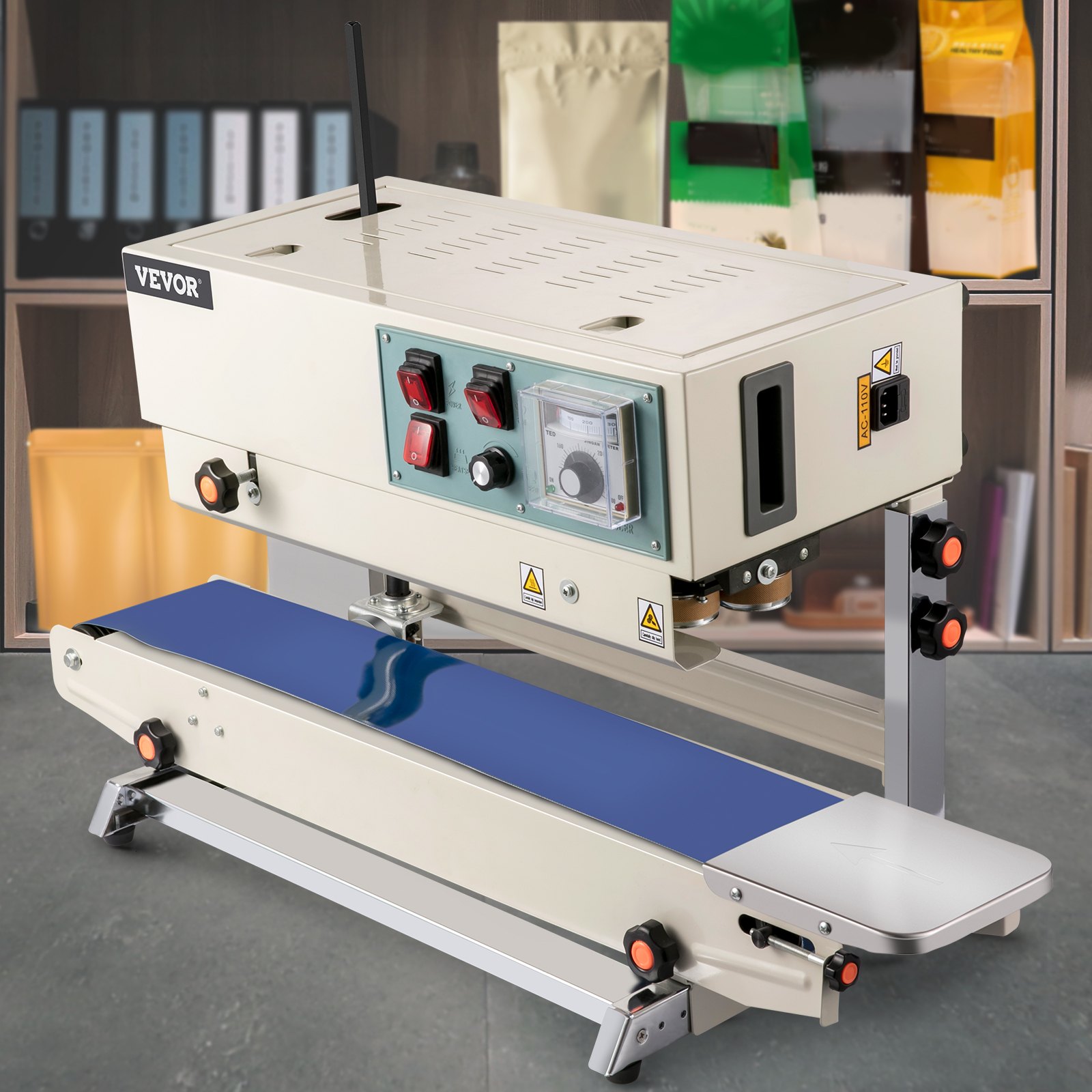 VEVOR Sellador de Banda Continua 6-15 mm del Ancho del Sello Máquina de Sellado Continuo 0-24 m / min Sellador Sutomático de Bandas 21 kg para Muchos Materiales de Película, como PP, PE, PV, OPP, PS