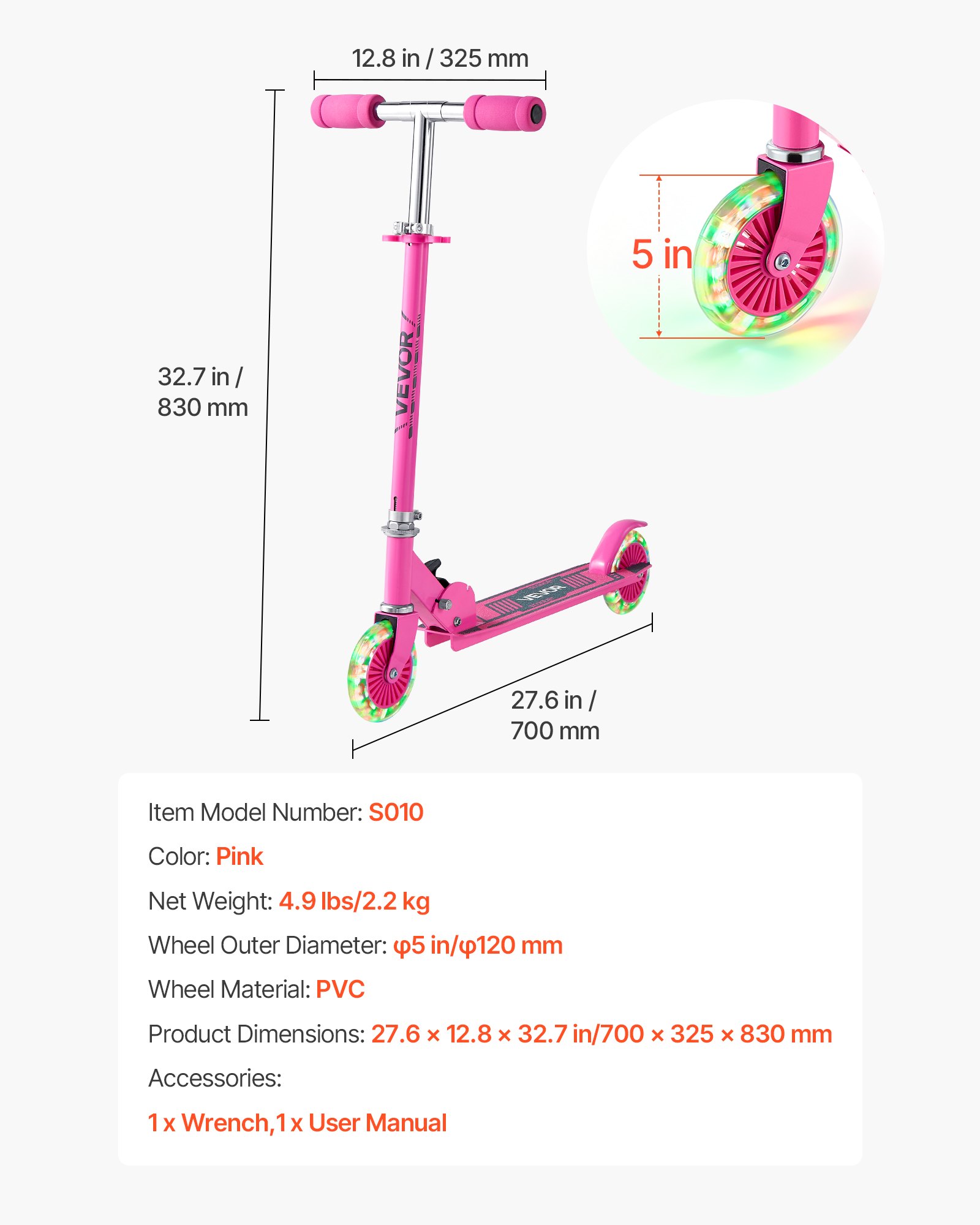 VEVOR Patinete 2 Ruedas, para Niños a Partir de 3 Años, Patinete Urbano Infantil con Ruedas Iluminadas, Manillar Regulable en Altura, Base Antideslizante y Chasis Plegable, hasta 50 kg, Rosa