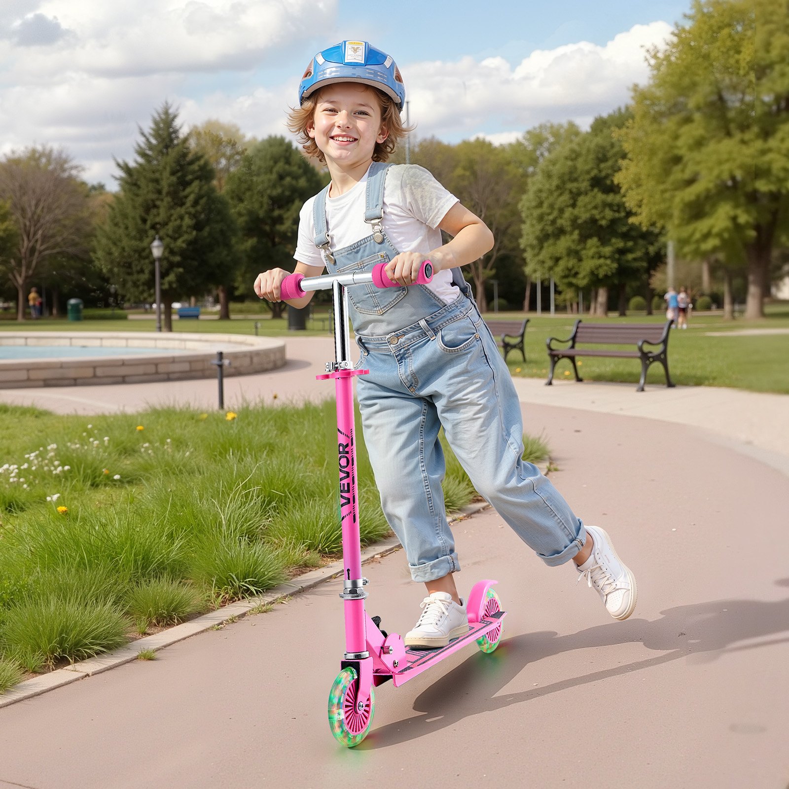 VEVOR Patinete 2 Ruedas, para Niños a Partir de 3 Años, Patinete Urbano Infantil con Ruedas Iluminadas, Manillar Regulable en Altura, Base Antideslizante y Chasis Plegable, hasta 50 kg, Rosa