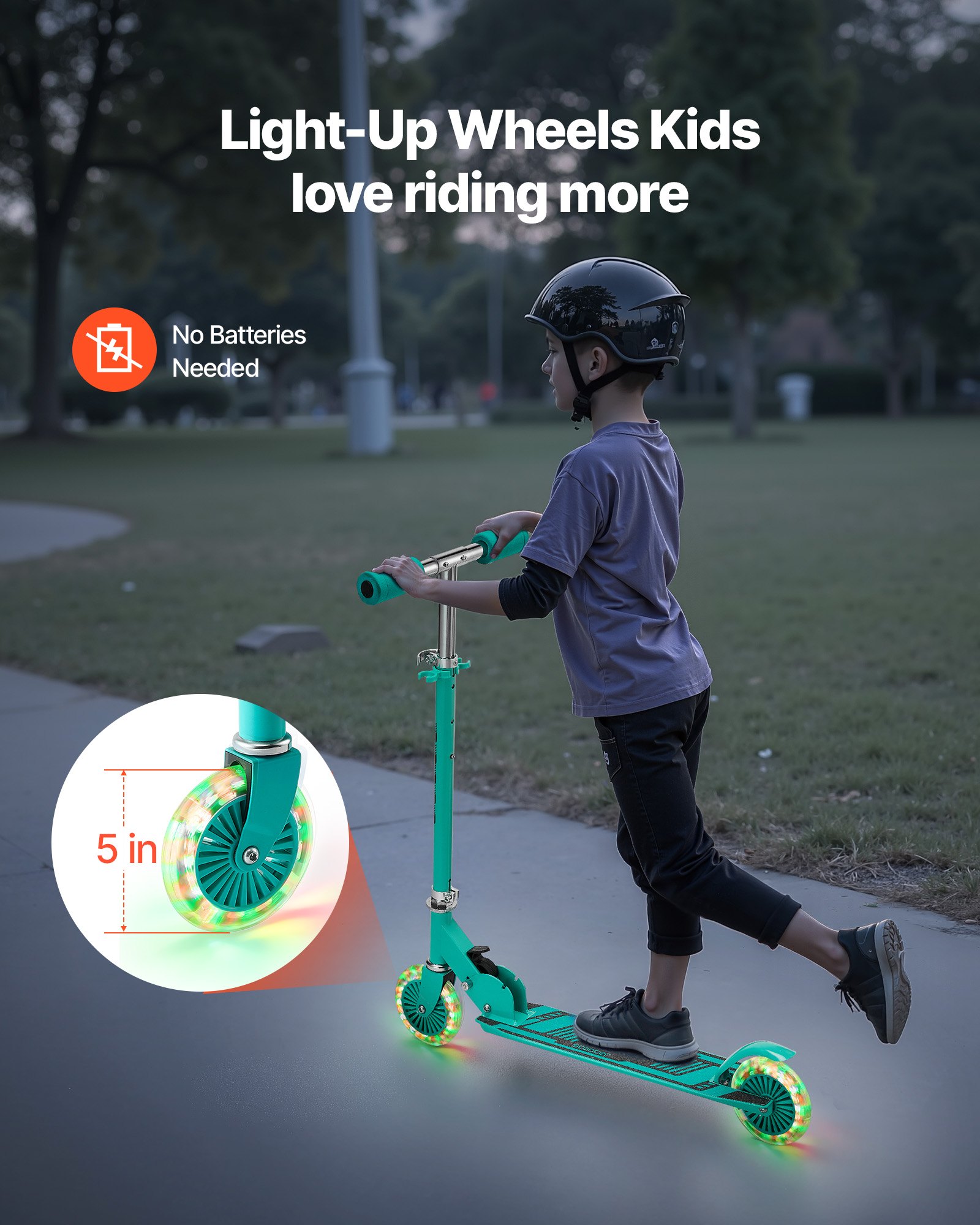 VEVOR Patinete de 2 Ruedas para Niños a Partir de 3 Años, Ruedas Iluminadas, Manillar de Altura Ajustable, Base Antideslizante y Chasis Plegable, Patinete hasta 50 kg, Verde, 700 x 325 x 830 mm