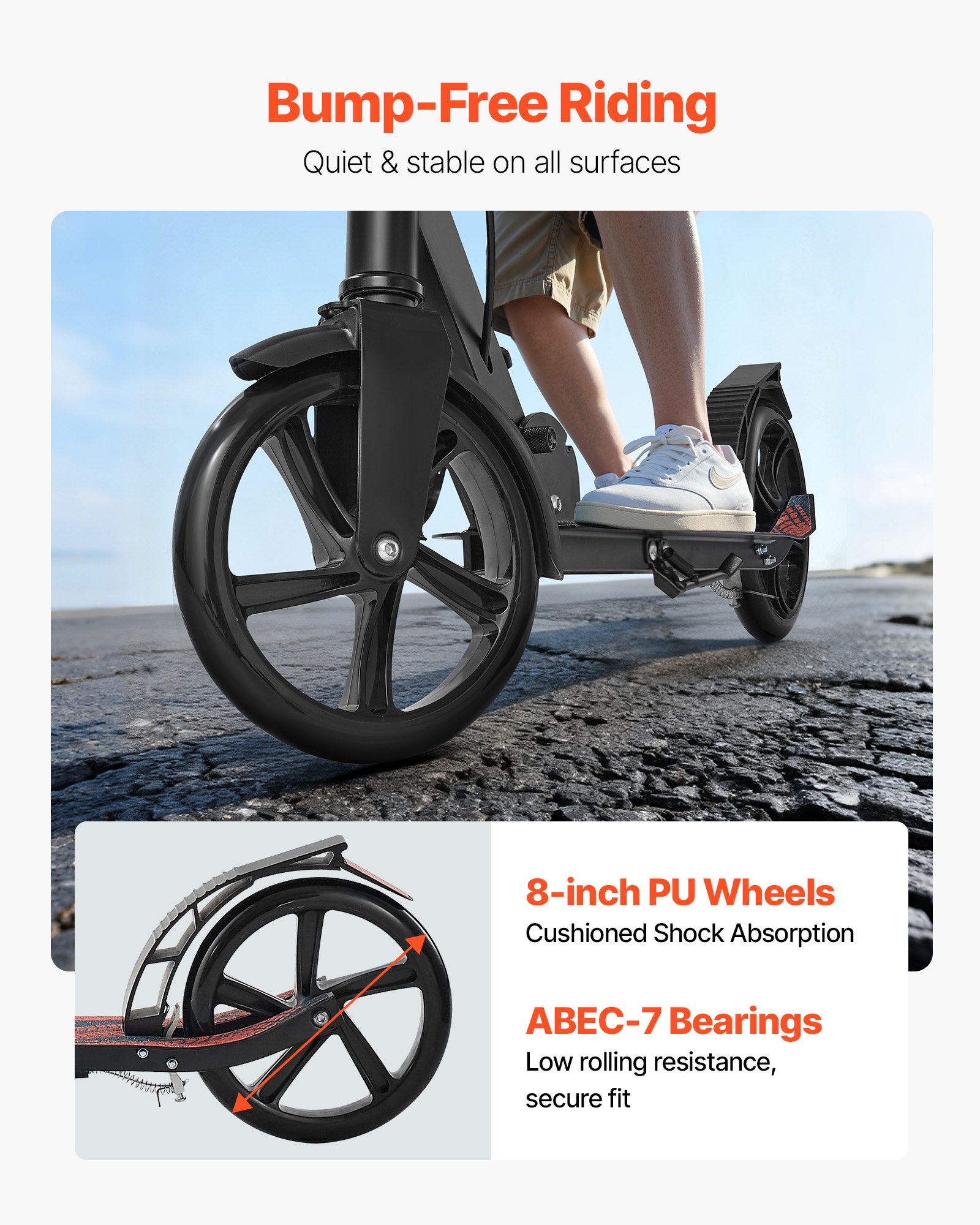 VEVOR Patinete para Niños a Partir de 8 Años, 2 Ruedas, con Manillar Regulable en Altura y Base Antideslizante, Freno de Mano, Marco de Aleación Aluminio, hasta 100 kg, Negro, 900 x 380 x 1000 mm