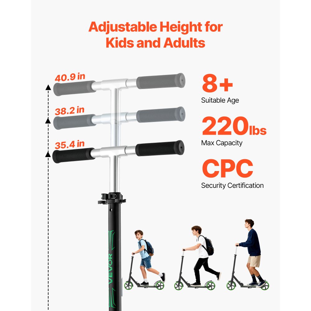 VEVOR Patinete para Niños a Partir de 8 Años, 2 Ruedas, con Manillar Regulable en Altura y Base Antideslizante, Marco de Aleación de Aluminio, hasta 100 kg, Negro y Verde, 900 x 380 x 1000 mm