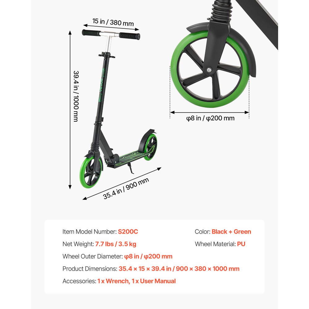VEVOR Patinete para Niños a Partir de 8 Años, 2 Ruedas, con Manillar Regulable en Altura y Base Antideslizante, Marco de Aleación de Aluminio, hasta 100 kg, Negro y Verde, 900 x 380 x 1000 mm