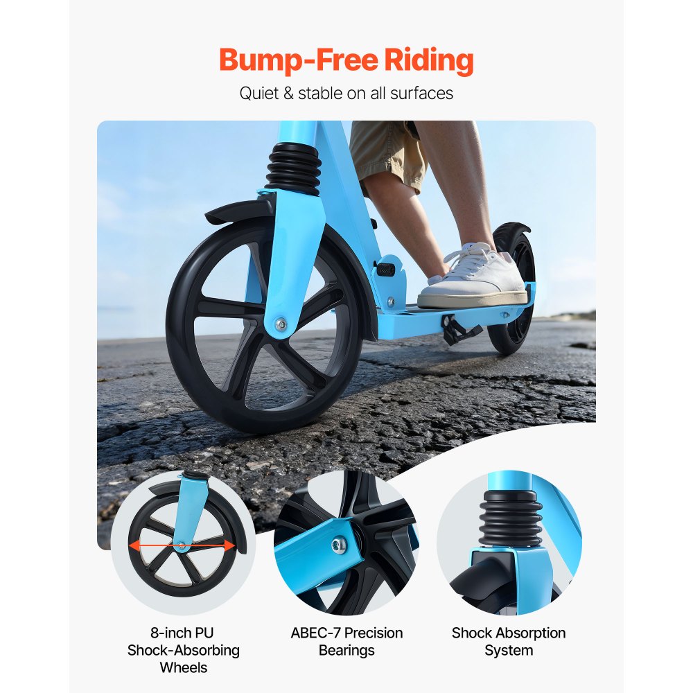 VEVOR Patinete 2 Ruedas, para Niños a Partir de 8 Años, con Manillar Regulable en Altura y Base Antideslizante, Patinete Plegable hasta 100 kg, Negro y Azul, Armazón de Acero, 900 x 380 x 1000 mm
