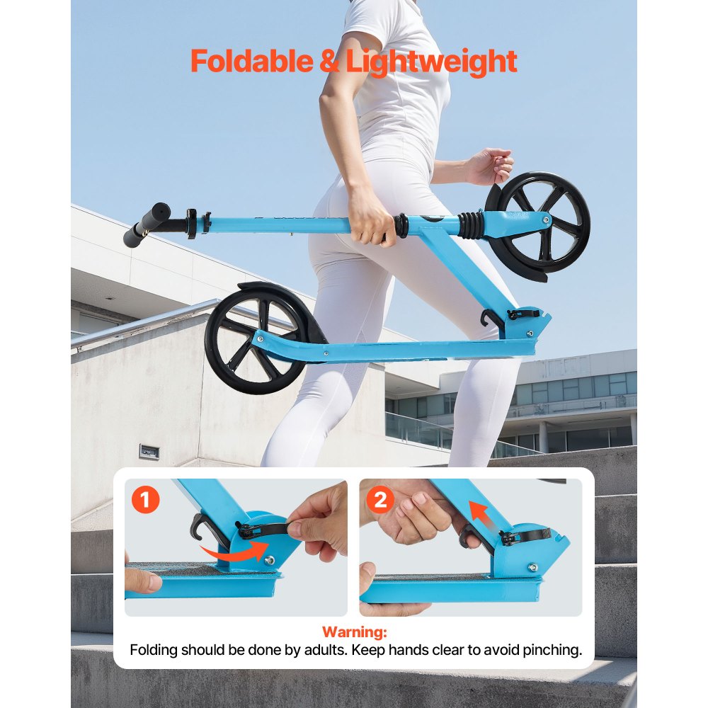 VEVOR Patinete 2 Ruedas, para Niños a Partir de 8 Años, con Manillar Regulable en Altura y Base Antideslizante, Patinete Plegable hasta 100 kg, Negro y Azul, Armazón de Acero, 900 x 380 x 1000 mm