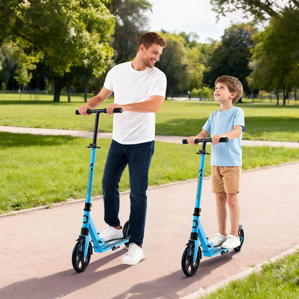 VEVOR Patinete 2 Ruedas, para Niños a Partir de 8 Años, con Manillar Regulable en Altura y Base Antideslizante, Patinete Plegable hasta 100 kg, Negro y Azul, Armazón de Acero, 900 x 380 x 1000 mm