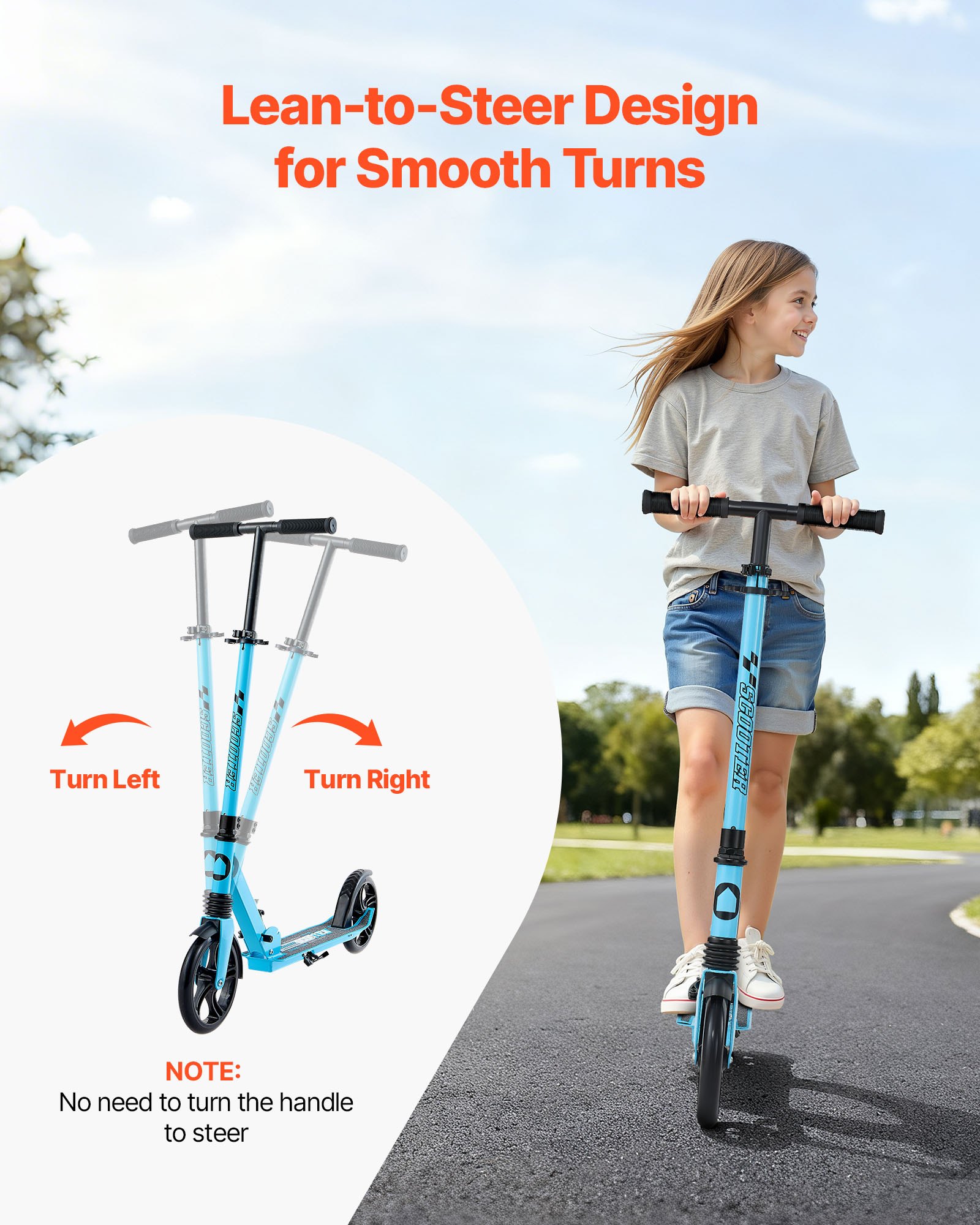 VEVOR Patinete 2 Ruedas, para Niños a Partir de 8 Años, con Manillar Regulable en Altura y Base Antideslizante, Patinete Plegable hasta 100 kg, Negro y Azul, Armazón de Acero, 900 x 380 x 1000 mm