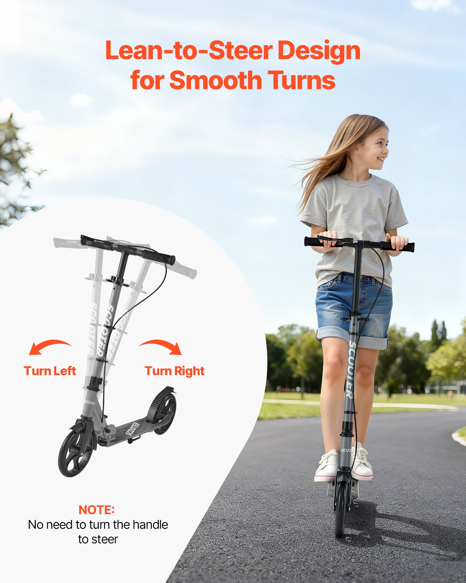 VEVOR Patinete para Niños a Partir de 8 Años, 2 Ruedas, con Manillar Regulable en Altura y Base Antideslizante, Freno de Mano, Marco de Aleación Aluminio, hasta 100 kg, Gris, 900 x 380 x 1000 mm