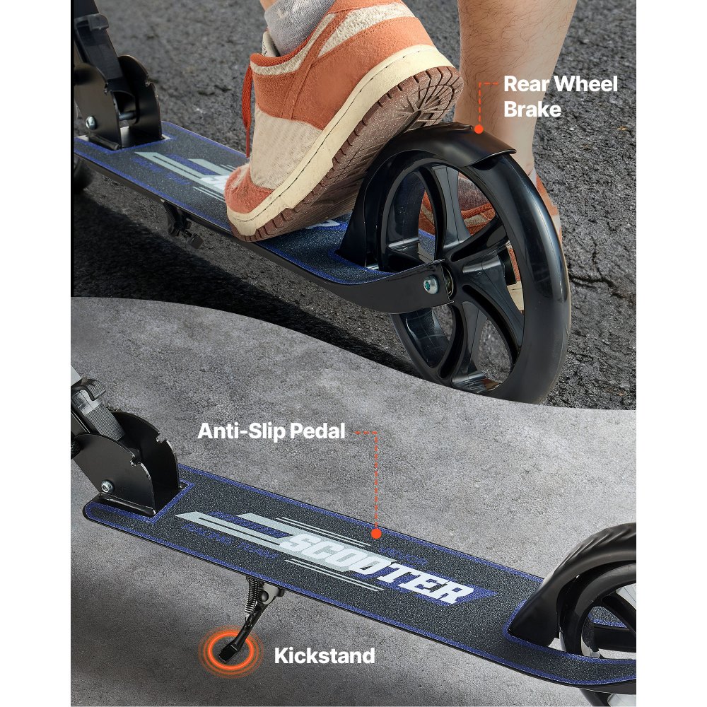 VEVOR Patinete 2 Ruedas, para Niños a Partir de 8 Años, Patinete de Calle Plegable con Manillar Regulable en Altura y Base Antideslizante, hasta 100 kg, Color Negro + Morado, Armazón de Acero