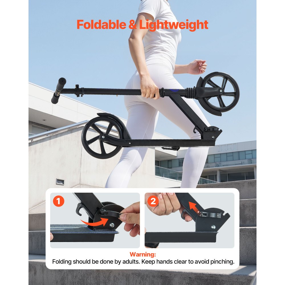 VEVOR Patinete 2 Ruedas, para Niños a Partir de 8 Años, Patinete de Calle Plegable con Manillar Regulable en Altura y Base Antideslizante, hasta 100 kg, Color Negro + Morado, Armazón de Acero