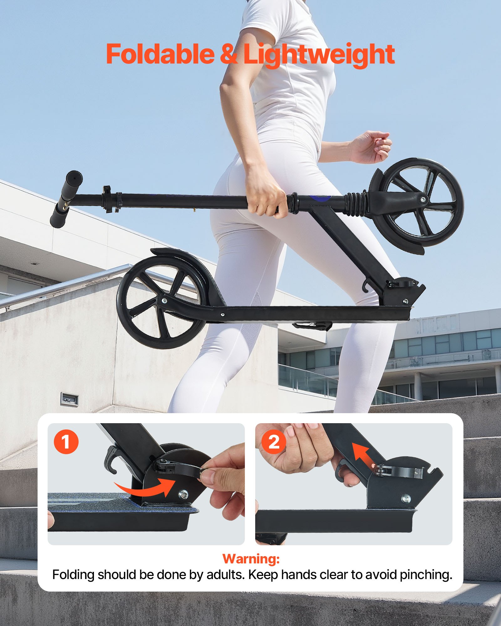 VEVOR Patinete 2 Ruedas, para Niños a Partir de 8 Años, Patinete de Calle Plegable con Manillar Regulable en Altura y Base Antideslizante, hasta 100 kg, Color Negro + Morado, Armazón de Acero