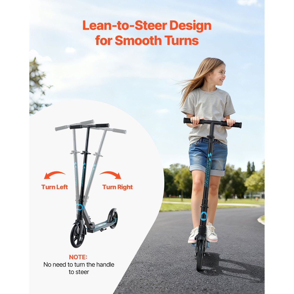 VEVOR Patinete 2 Ruedas, a Niños a Partir de 8 Años, Patinete Urbano Plegable con Manillar Regulable en Altura 860/930/1000 mm y Base Antideslizante, hasta 100 kg, Armazón de Acero, Negro y Azul