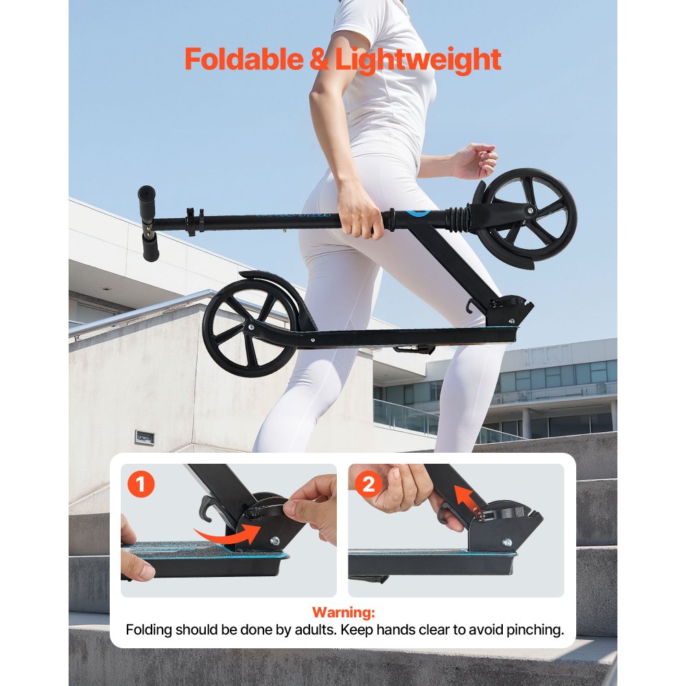 VEVOR Patinete 2 Ruedas, a Niños a Partir de 8 Años, Patinete Urbano Plegable con Manillar Regulable en Altura 860/930/1000 mm y Base Antideslizante, hasta 100 kg, Armazón de Acero, Negro y Azul