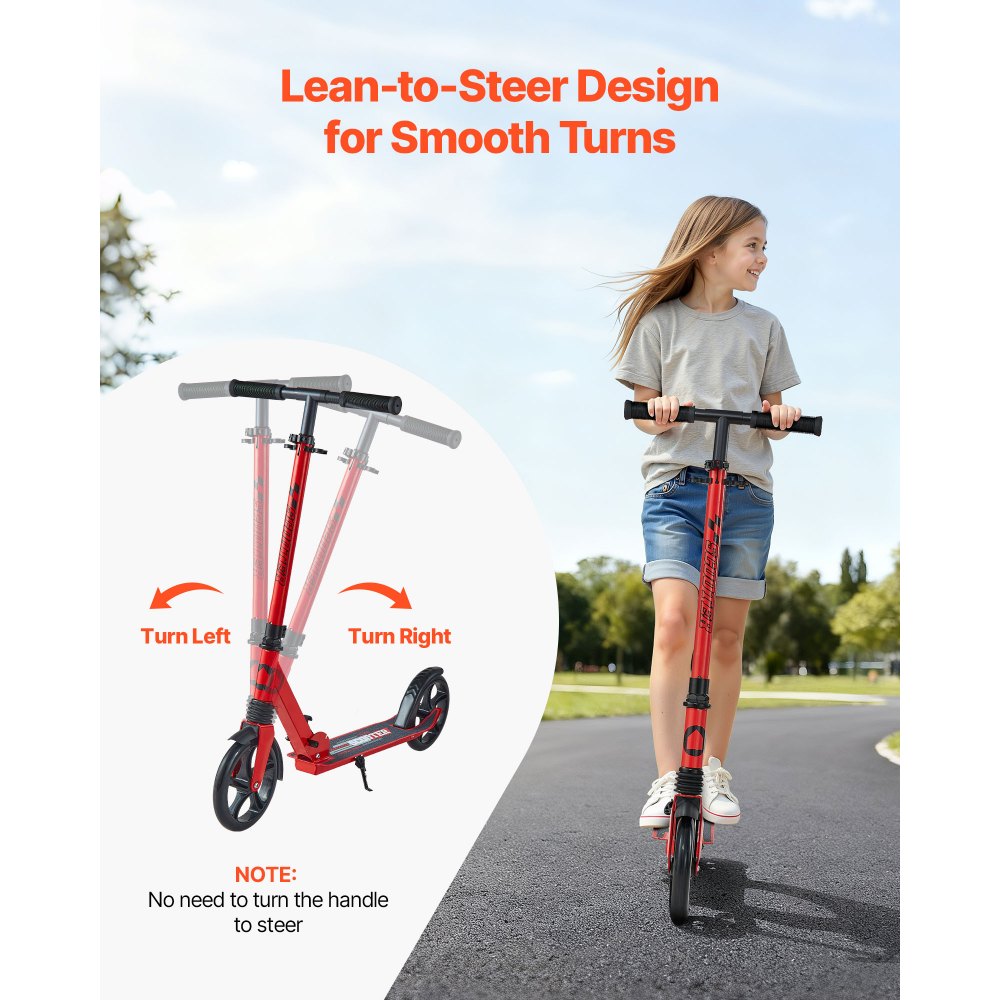 VEVOR Patinete 2 Ruedas, para Niños a Partir de 8 Años, con Manillar Regulable en Altura y Base Antideslizante, Patinete Plegable hasta 100 kg, Negro y Rojo, Armazón de Acero, 900 x 380 x 1000 mm