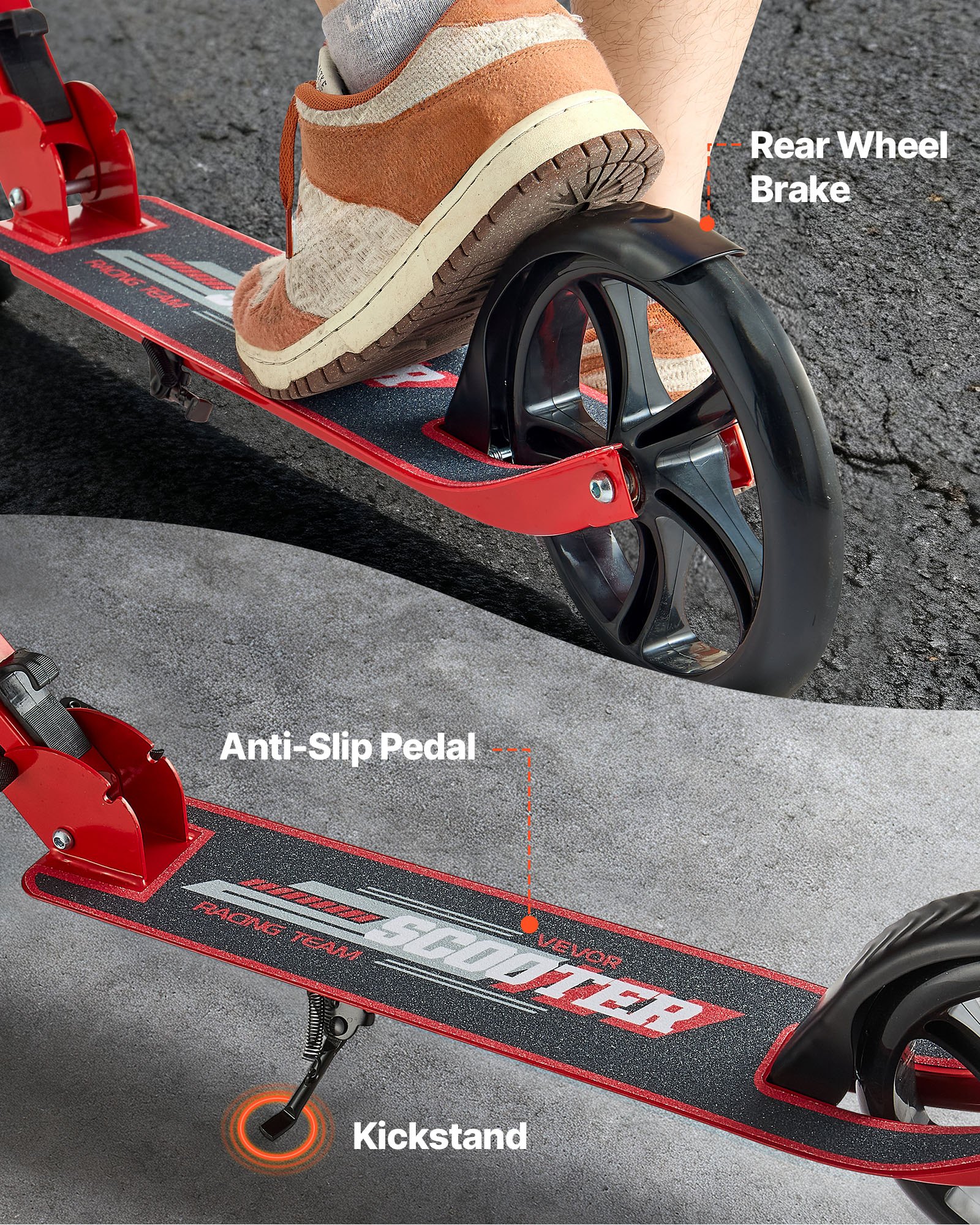 VEVOR Patinete 2 Ruedas, para Niños a Partir de 8 Años, con Manillar Regulable en Altura y Base Antideslizante, Patinete Plegable hasta 100 kg, Negro y Rojo, Armazón de Acero, 900 x 380 x 1000 mm