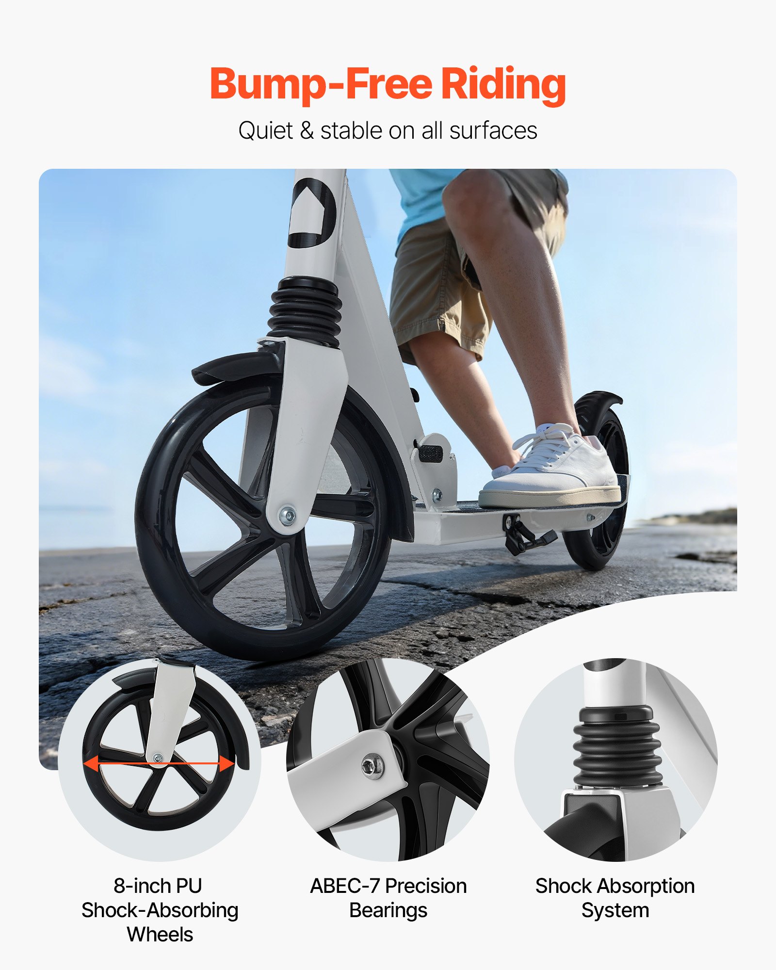 VEVOR Patinete 2 Ruedas, para Niños a Partir de 8 Años, Patinete de Calle Plegable con Manillar Regulable en Altura y Base Antideslizante, Chasis de Acero, hasta 100 kg, Color Negro y Blanco