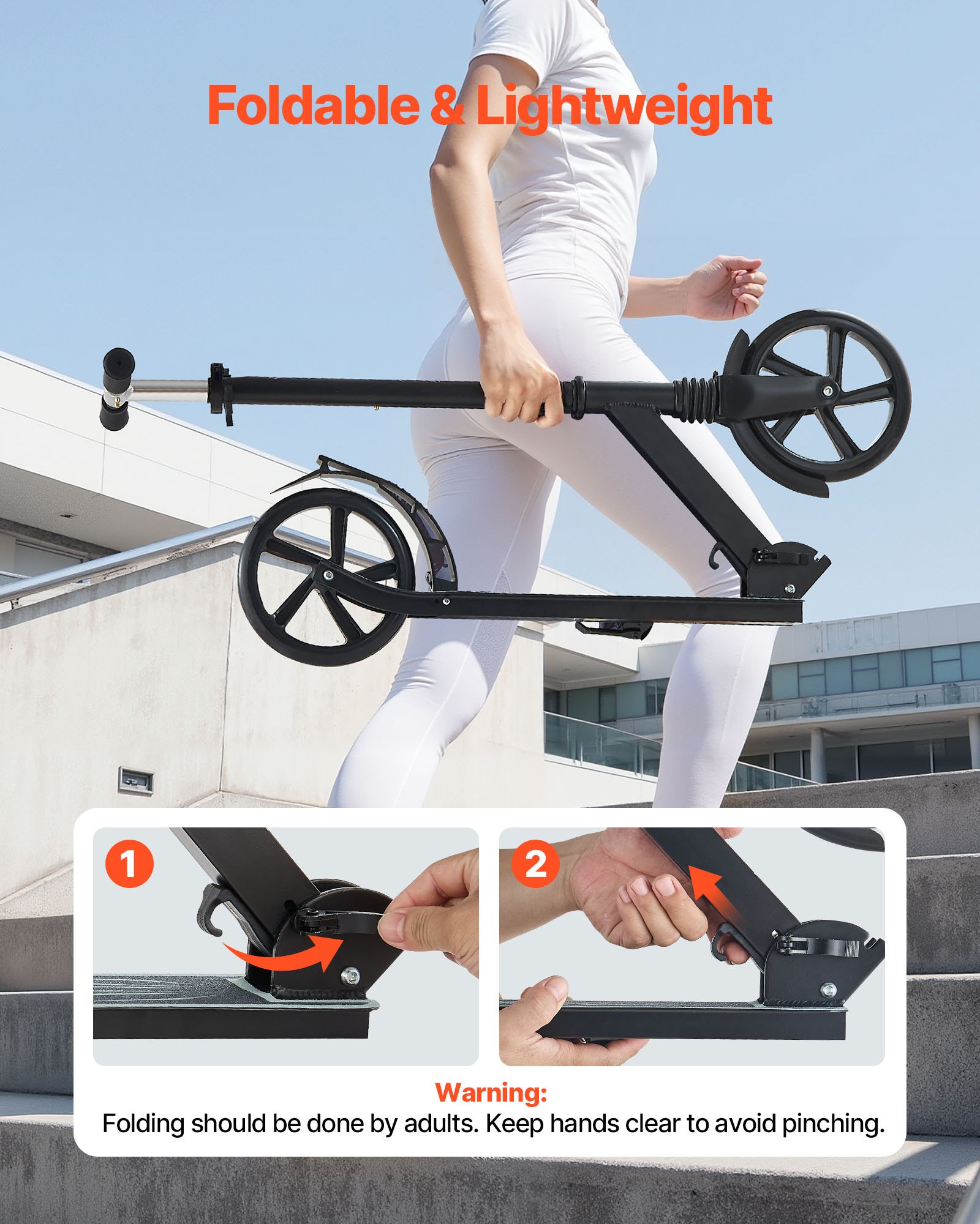 VEVOR Patinete 2 Ruedas, para Niños a Partir de 8 Años, Patinete de Calle con Manillar Regulable en Altura, Base Antideslizante y Chasis Plegable, hasta 100 kg, Color Negro, 900 x 380 x 1000 mm