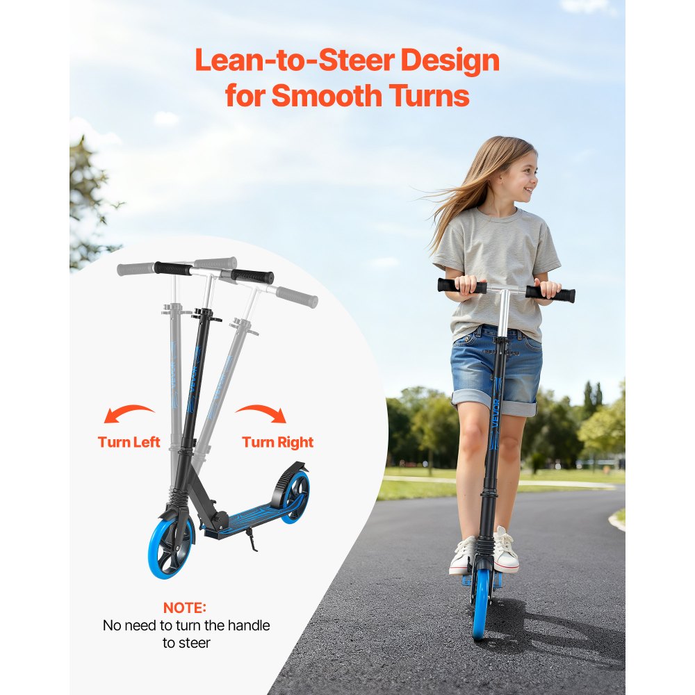 VEVOR Patinete 2 Ruedas, para Niños a Partir de 8 Años, Patinete de Calle con Manillar Regulable en Altura, Base Antideslizante y Chasis Plegable, hasta 100 kg, Color Azul, 900 x 380 x 1000 mm