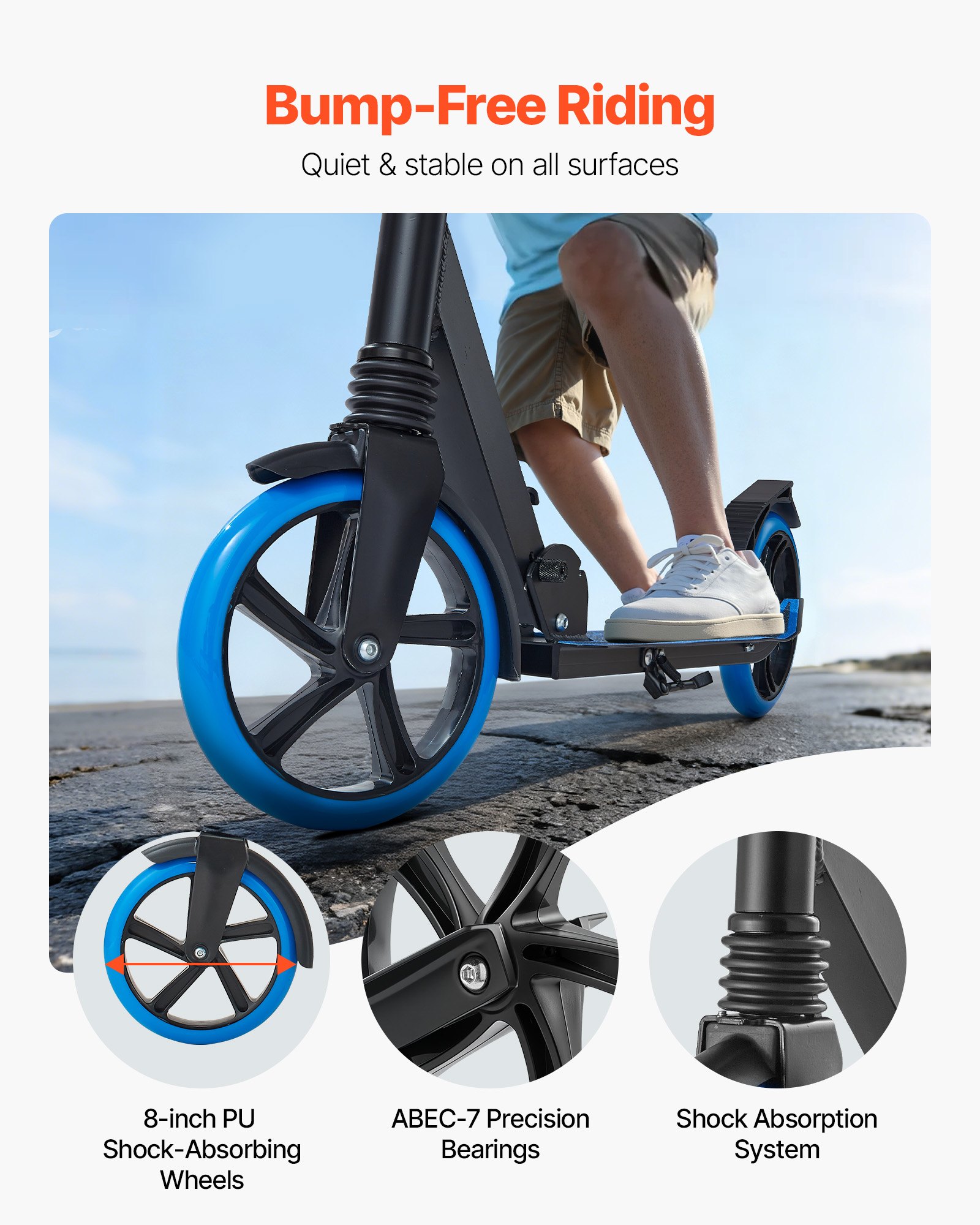 VEVOR Patinete 2 Ruedas, para Niños a Partir de 8 Años, Patinete de Calle con Manillar Regulable en Altura, Base Antideslizante y Chasis Plegable, hasta 100 kg, Color Azul, 900 x 380 x 1000 mm