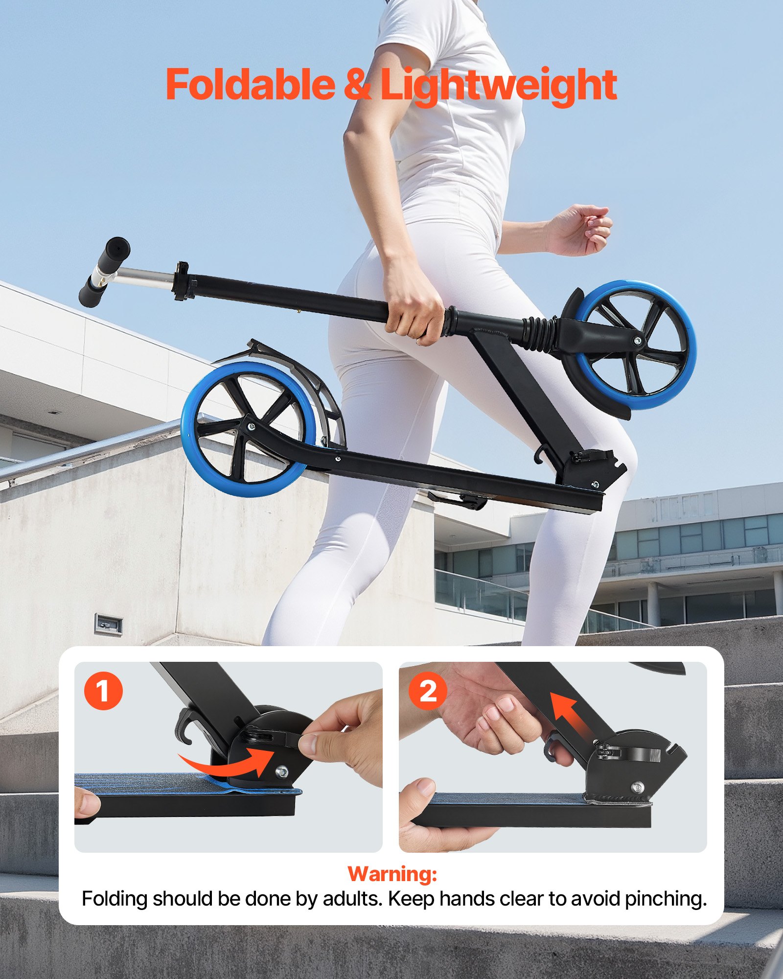 VEVOR Patinete 2 Ruedas, para Niños a Partir de 8 Años, Patinete de Calle con Manillar Regulable en Altura, Base Antideslizante y Chasis Plegable, hasta 100 kg, Color Azul, 900 x 380 x 1000 mm