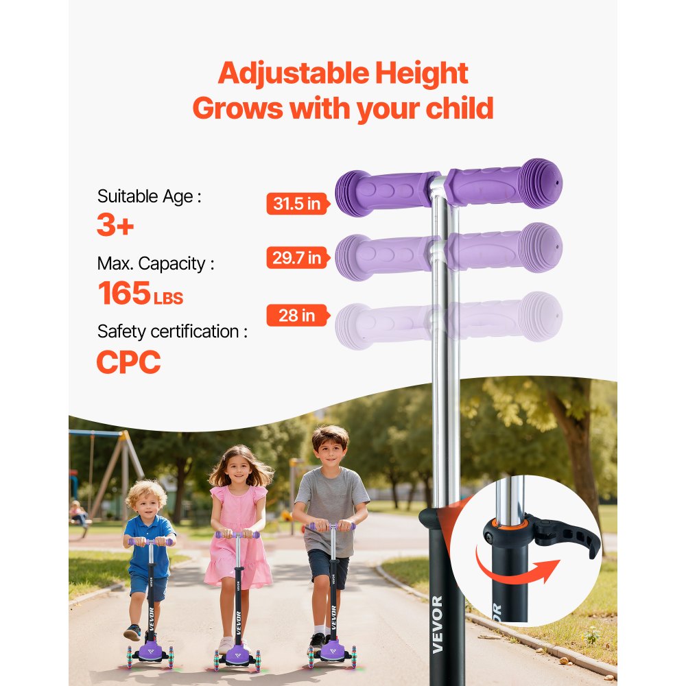 VEVOR Patinete 3 Ruedas, para Niños de 3 Años en Adelante, Ruedas Iluminadas, Manillar de Altura Ajustable, Base Antideslizante y Cuadro de Aluminio Ligero, hasta 75 kg, Morado, 520 x 250 x 800 mm