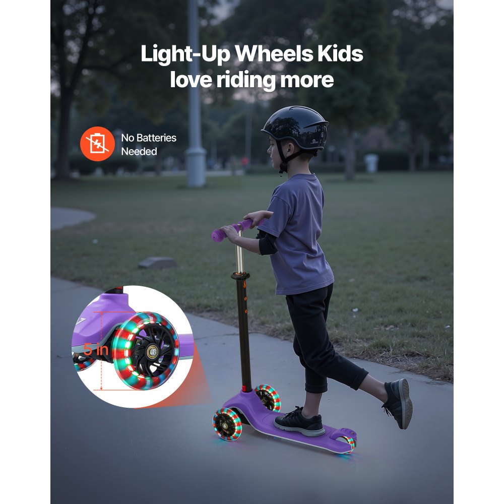 VEVOR Patinete 3 Ruedas, para Niños de 3 Años en Adelante, Ruedas Iluminadas, Manillar de Altura Ajustable, Base Antideslizante y Cuadro de Aluminio Ligero, hasta 75 kg, Morado, 520 x 250 x 800 mm