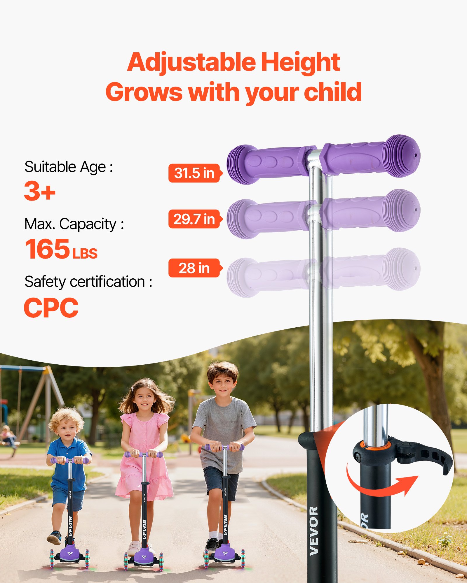 VEVOR Patinete 3 Ruedas, para Niños de 3 Años en Adelante, Ruedas Iluminadas, Manillar de Altura Ajustable, Base Antideslizante y Cuadro de Aluminio Ligero, hasta 75 kg, Morado, 520 x 250 x 800 mm