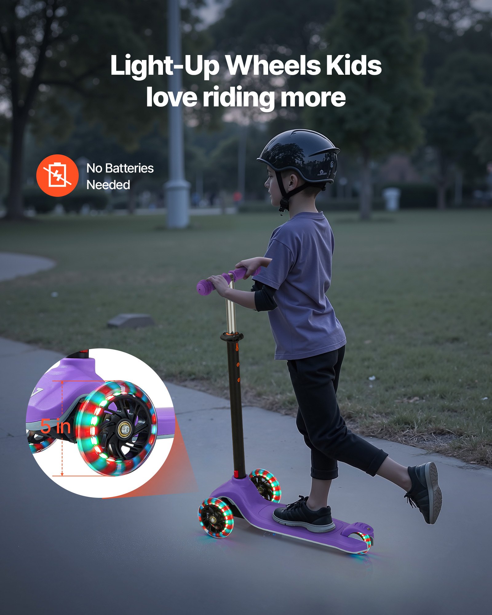 VEVOR Patinete 3 Ruedas, para Niños de 3 Años en Adelante, Ruedas Iluminadas, Manillar de Altura Ajustable, Base Antideslizante y Cuadro de Aluminio Ligero, hasta 75 kg, Morado, 520 x 250 x 800 mm
