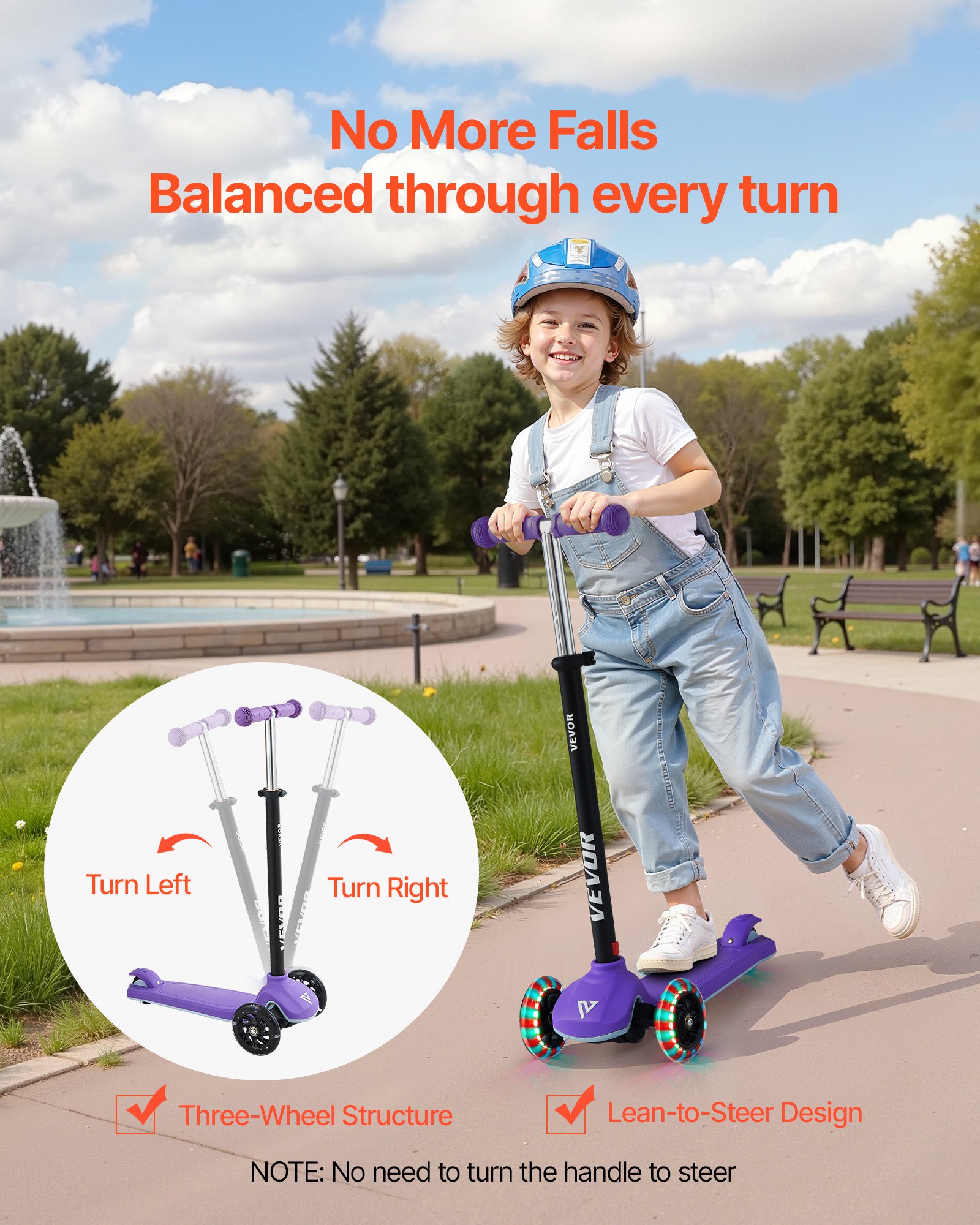 VEVOR Patinete 3 Ruedas, para Niños de 3 Años en Adelante, Ruedas Iluminadas, Manillar de Altura Ajustable, Base Antideslizante y Cuadro de Aluminio Ligero, hasta 75 kg, Morado, 520 x 250 x 800 mm