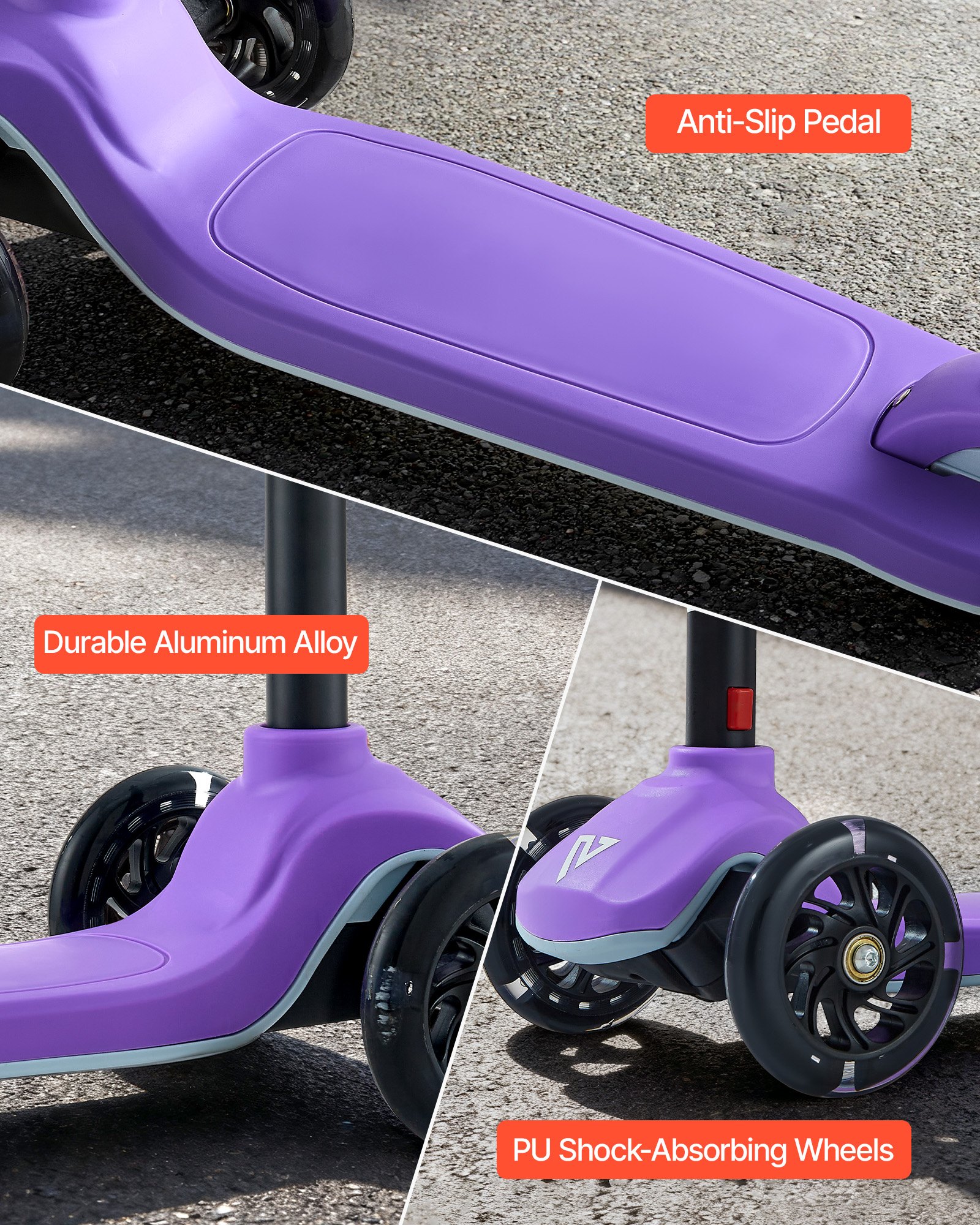 VEVOR Patinete 3 Ruedas, para Niños de 3 Años en Adelante, Ruedas Iluminadas, Manillar de Altura Ajustable, Base Antideslizante y Cuadro de Aluminio Ligero, hasta 75 kg, Morado, 520 x 250 x 800 mm