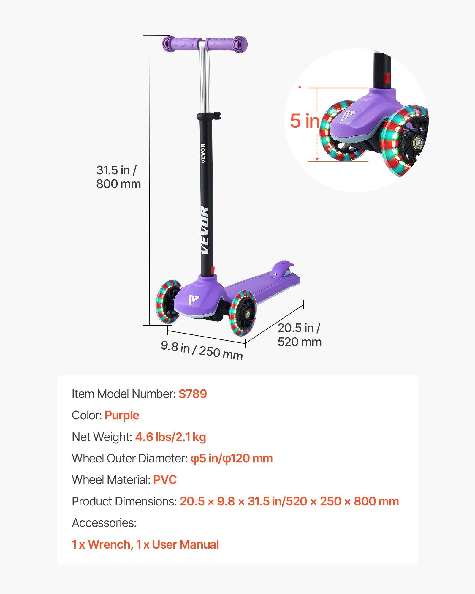 VEVOR Patinete 3 Ruedas, para Niños de 3 Años en Adelante, Ruedas Iluminadas, Manillar de Altura Ajustable, Base Antideslizante y Cuadro de Aluminio Ligero, hasta 75 kg, Morado, 520 x 250 x 800 mm