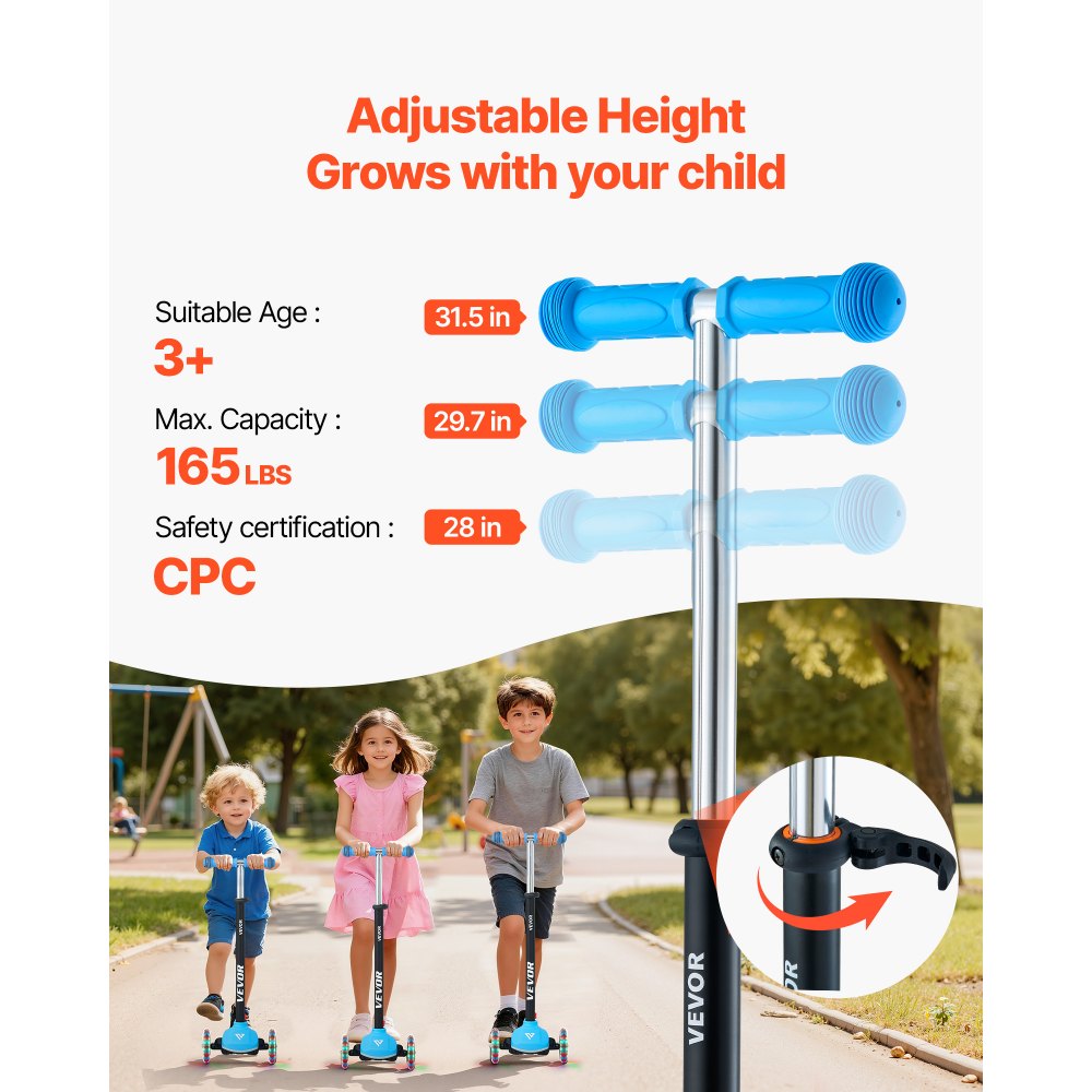 VEVOR Patinete 3 Ruedas, para Niños de 3 Años en Adelante, Ruedas Iluminadas, Manillar de Altura Ajustable, Base Antideslizante y Cuadro de Aluminio Ligero, hasta 75 kg, Azul, 520 x 250 x 800 mm